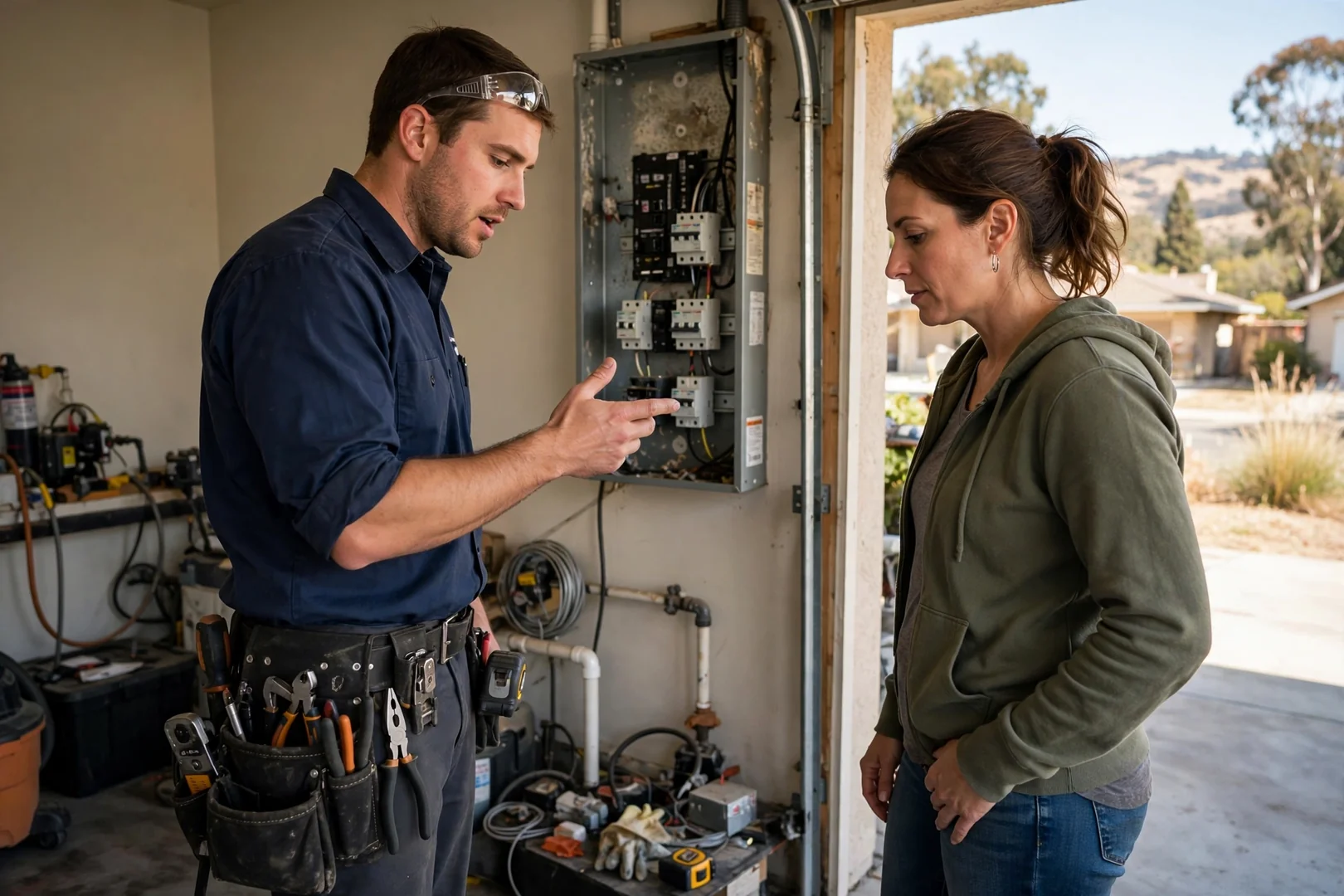 Homeowner reviewing a written ceiling fan installation estimate with an electrician at a kitchen table