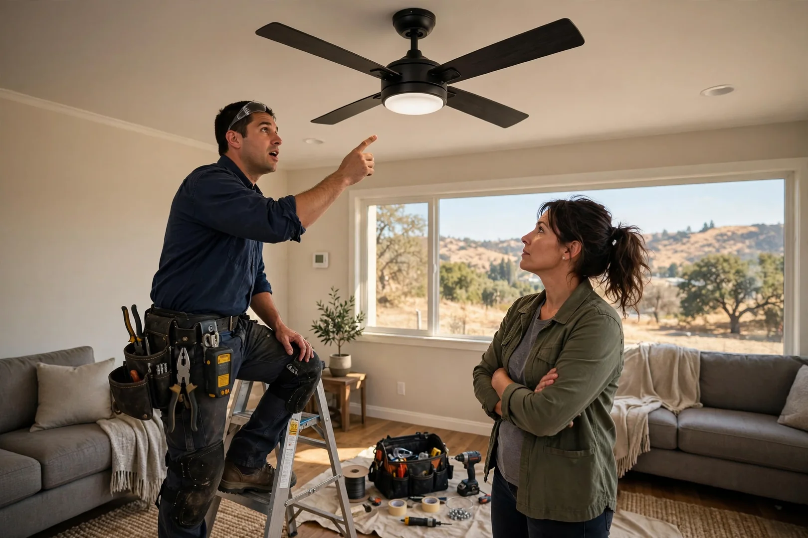 New 52-inch ceiling fan installed on a living room ceiling in a San Ramon home