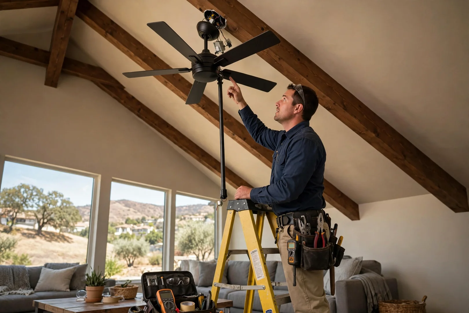 Dark ceiling fan on an extended downrod mounted to a sloped vaulted great room ceiling