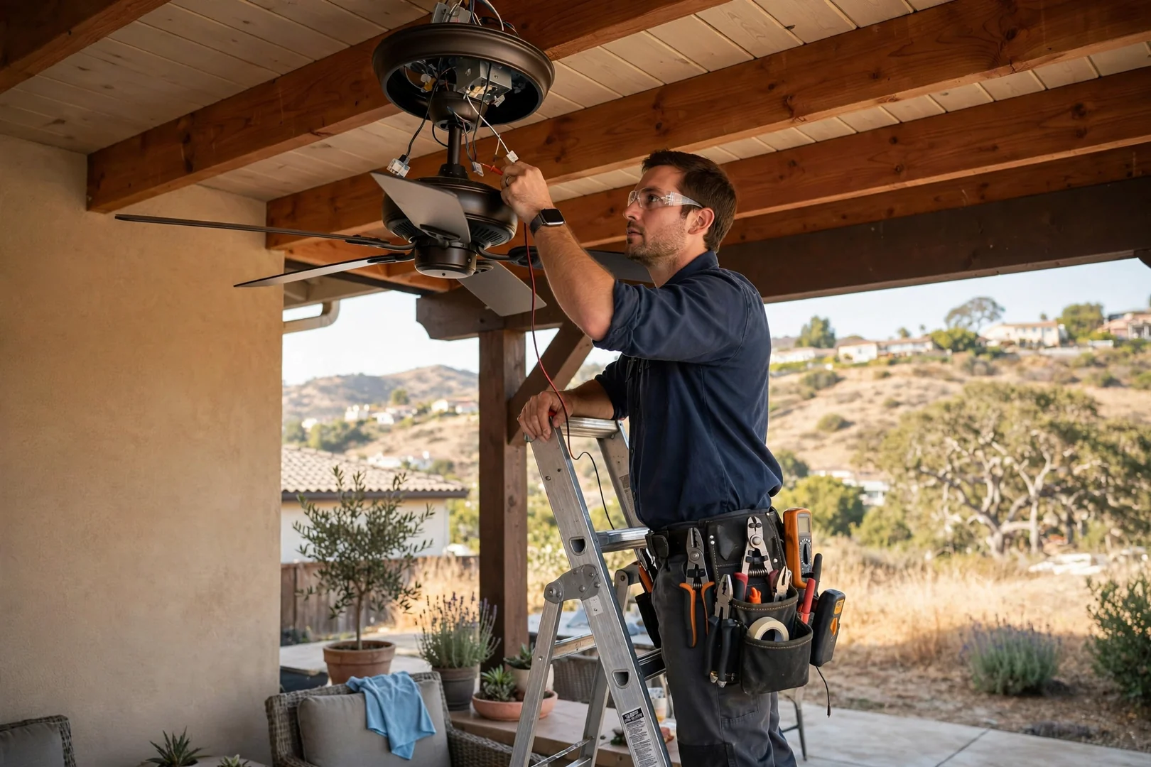 Damp-rated outdoor ceiling fan mounted under a covered backyard patio roof