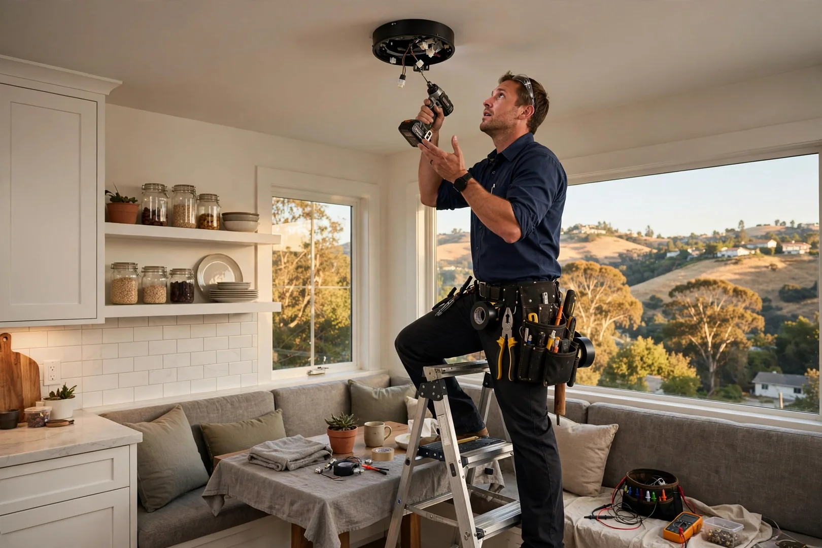 Low-profile flush mount ceiling fan above a kitchen breakfast nook with limited ceiling height