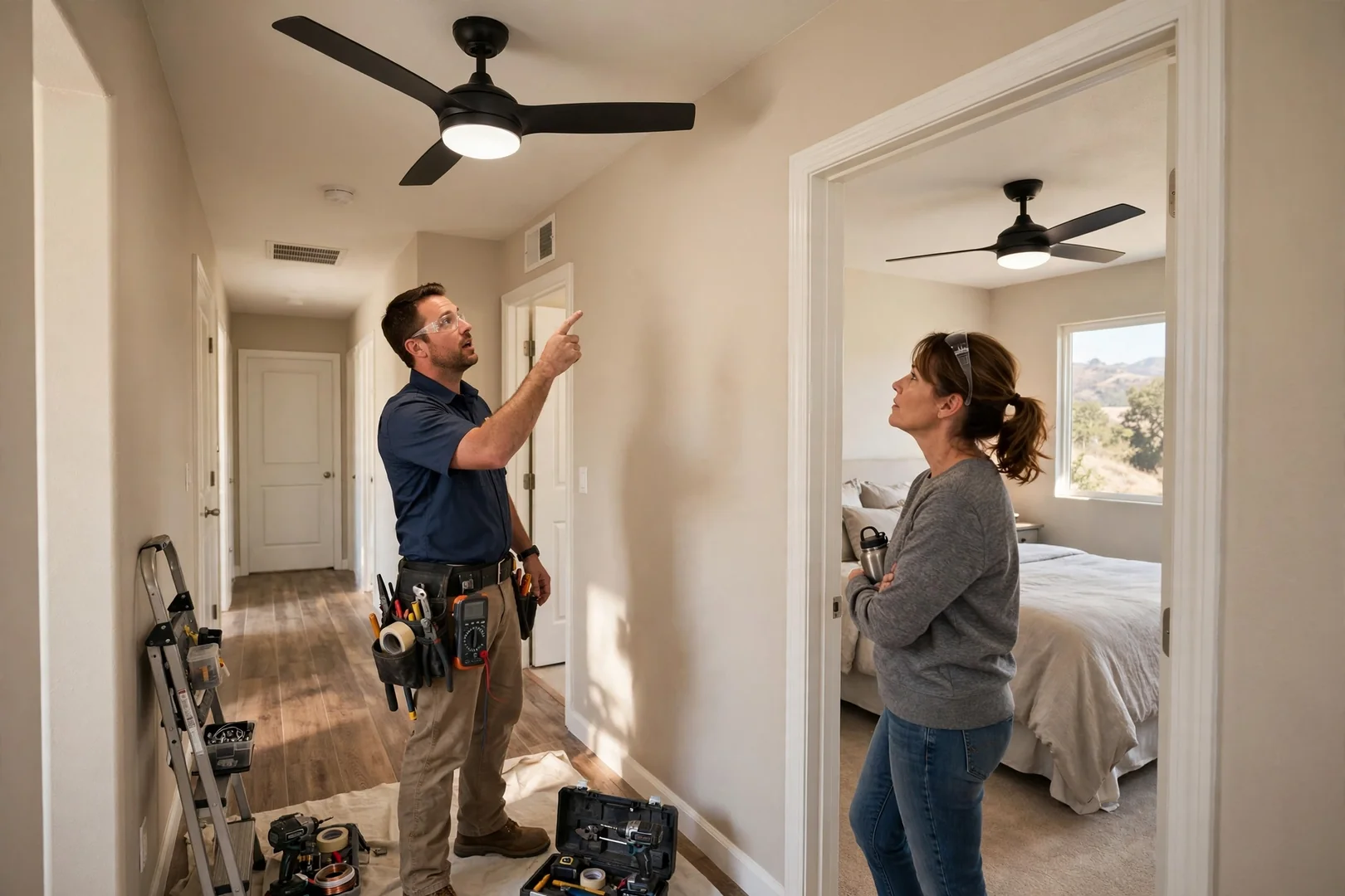 Two matching replacement ceiling fans visible along an upstairs hallway and bedroom doorway