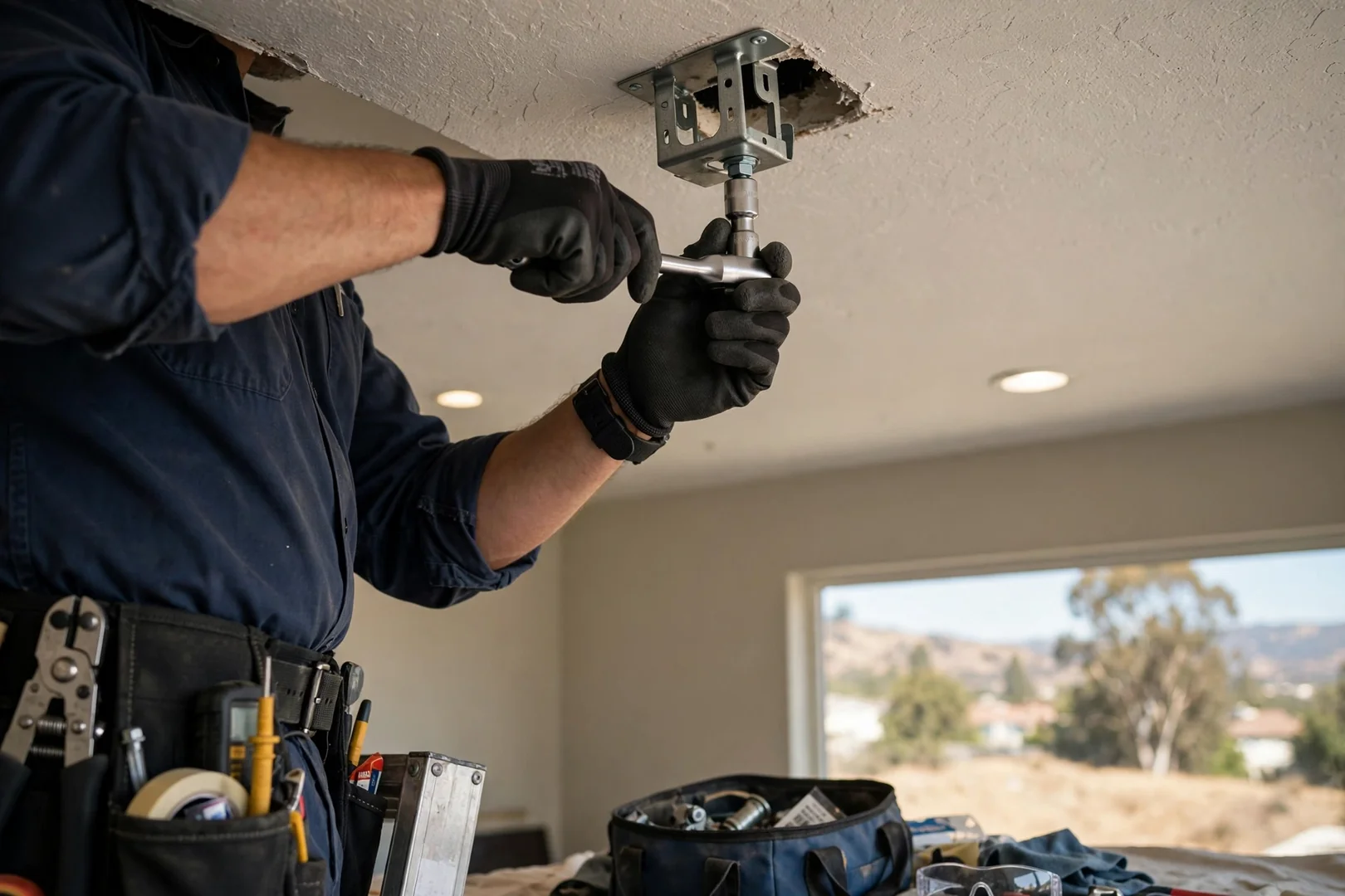 Gloved hands tightening a ceiling fan mounting bracket to correct wobble and hum