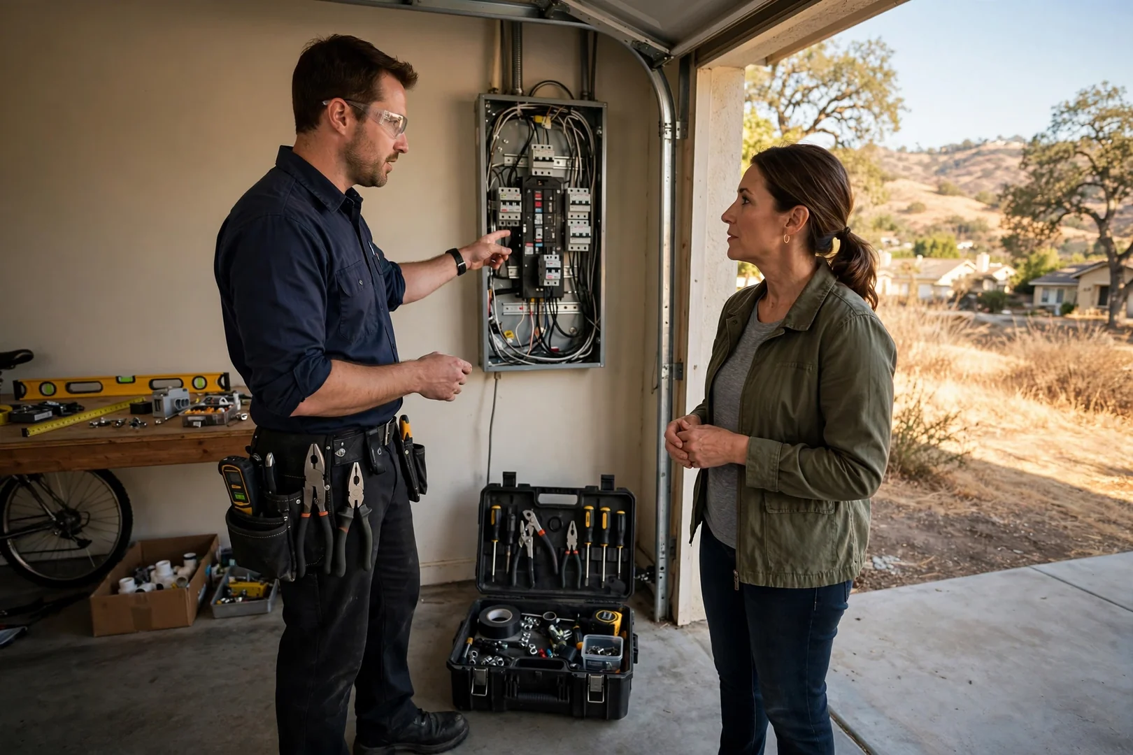 Electrician reviewing repair pricing details with a homeowner beside an electrical panel