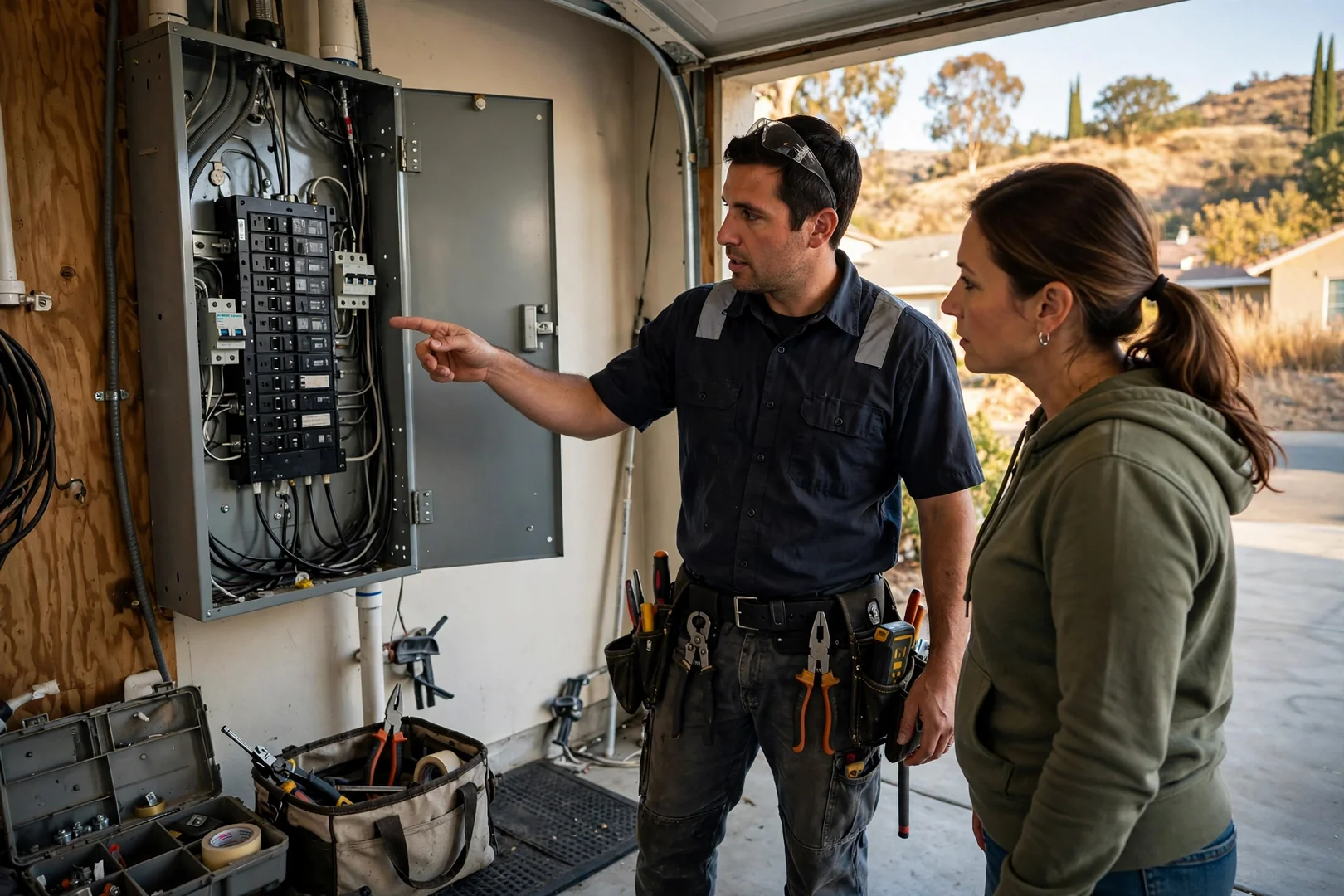 Electrician testing breaker amperage inside an open residential panel in San Ramon
