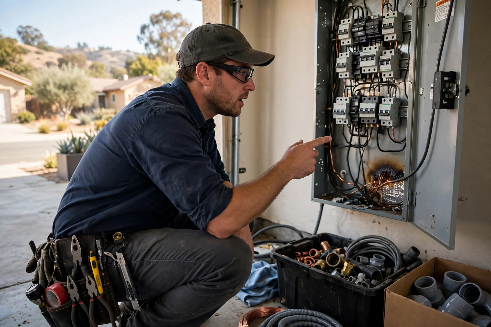 Electrician testing a residential circuit breaker inside an open load center panel