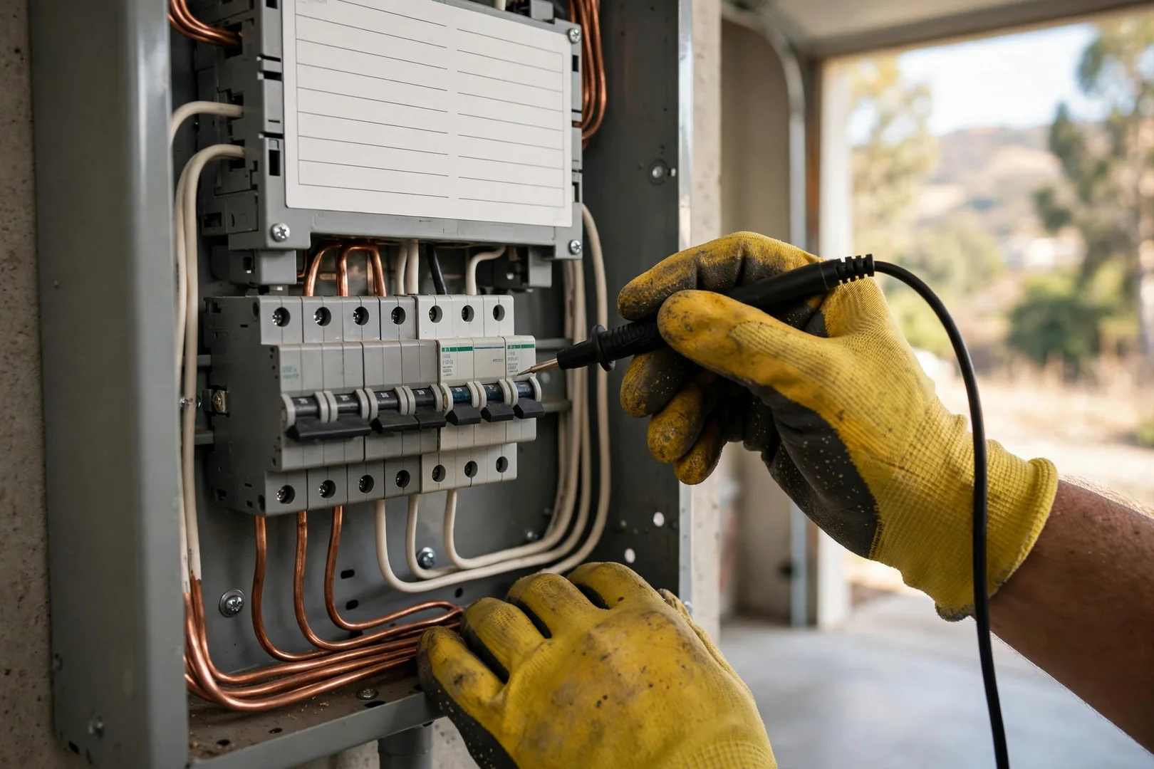 Electrician testing a tripped circuit breaker inside an open residential load center
