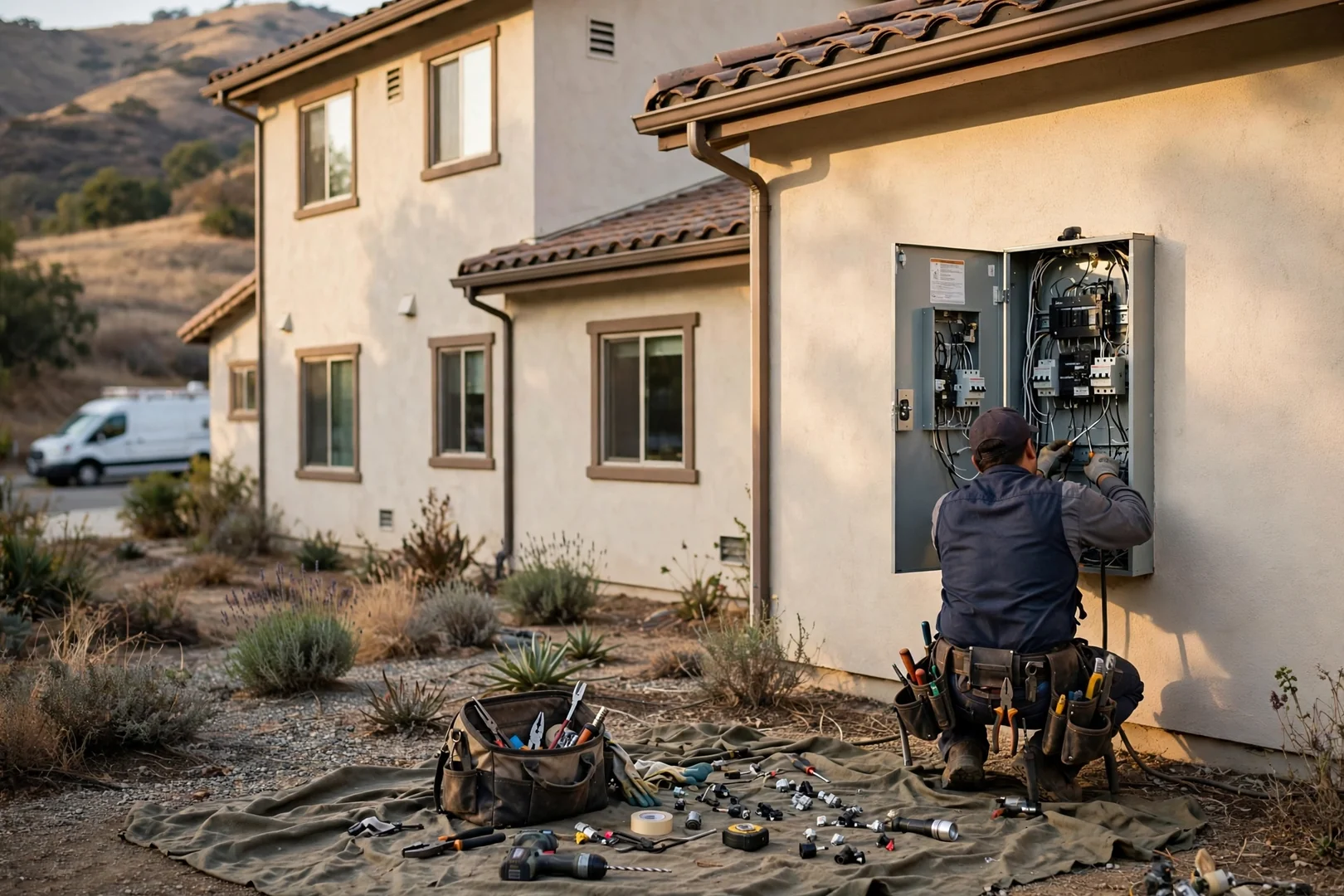 Wide shot of exterior electrical panel work at a two-story suburban California home