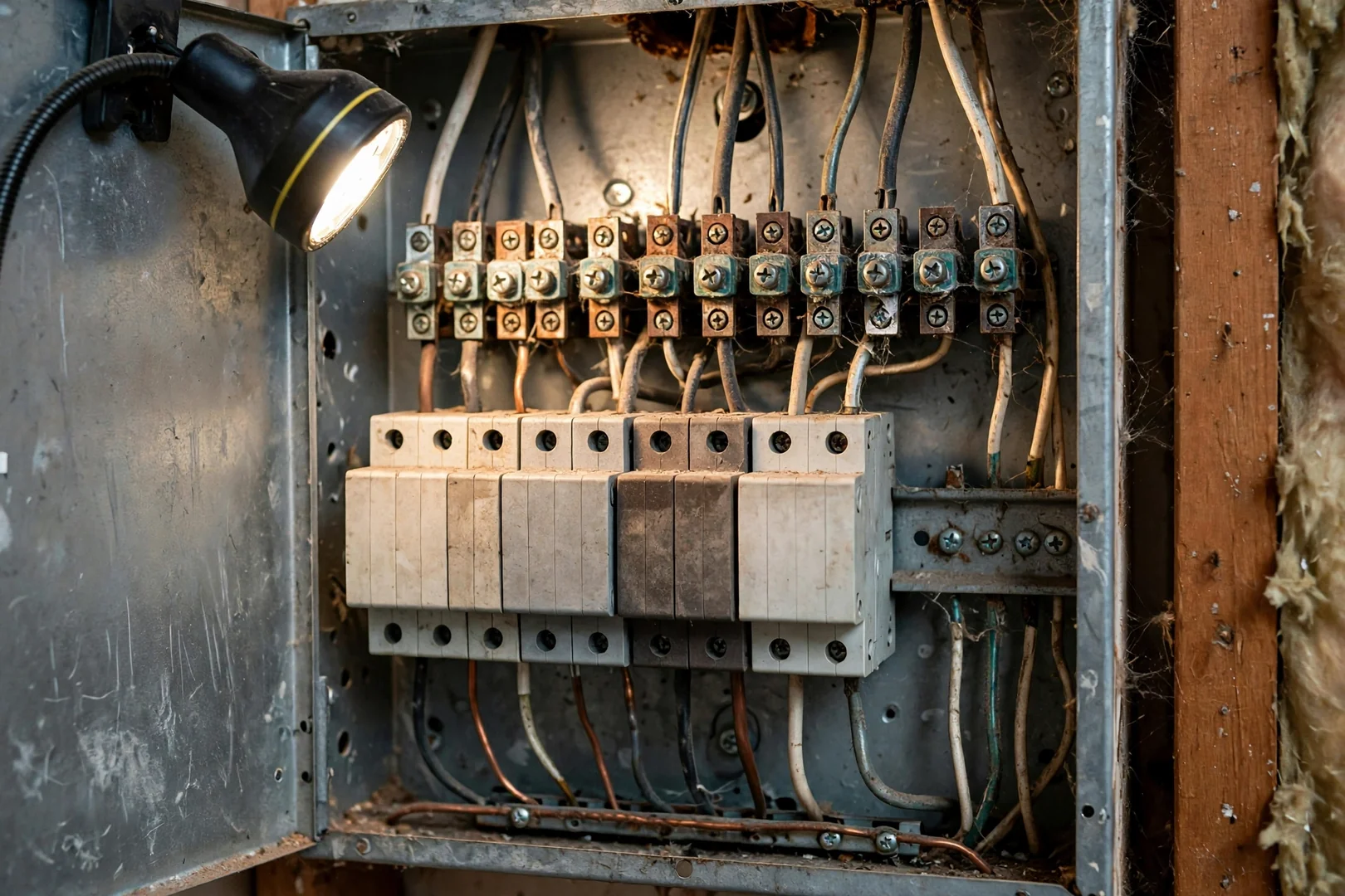 Corroded older breaker panel interior documented before component replacement