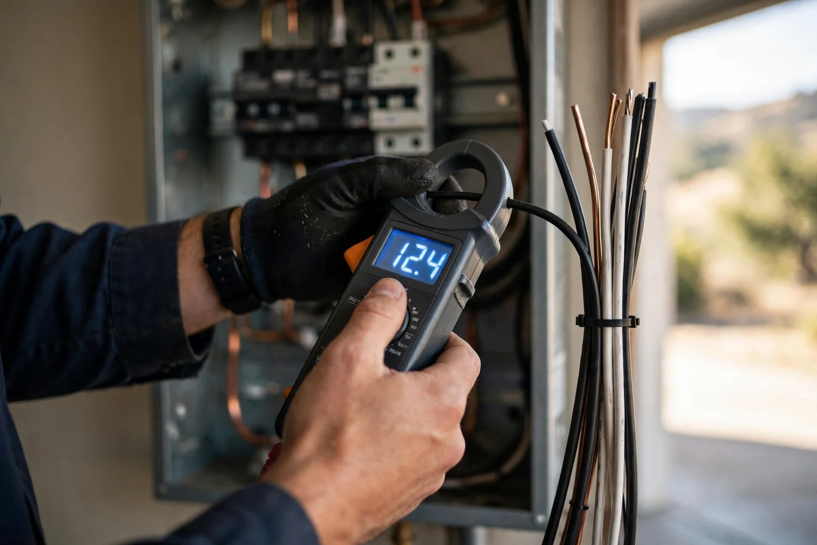 Amp clamp reading taken on a branch circuit conductor during breaker diagnostics