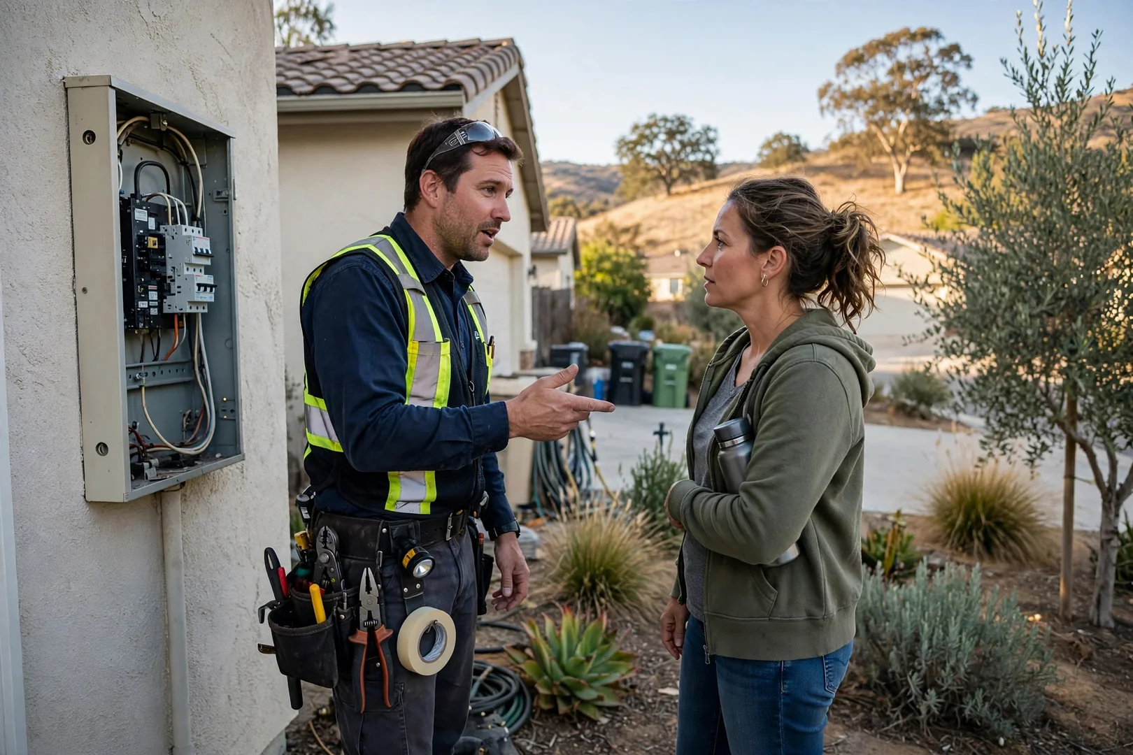 Electrician testing a residential service panel with a multimeter during a San Ramon home inspection