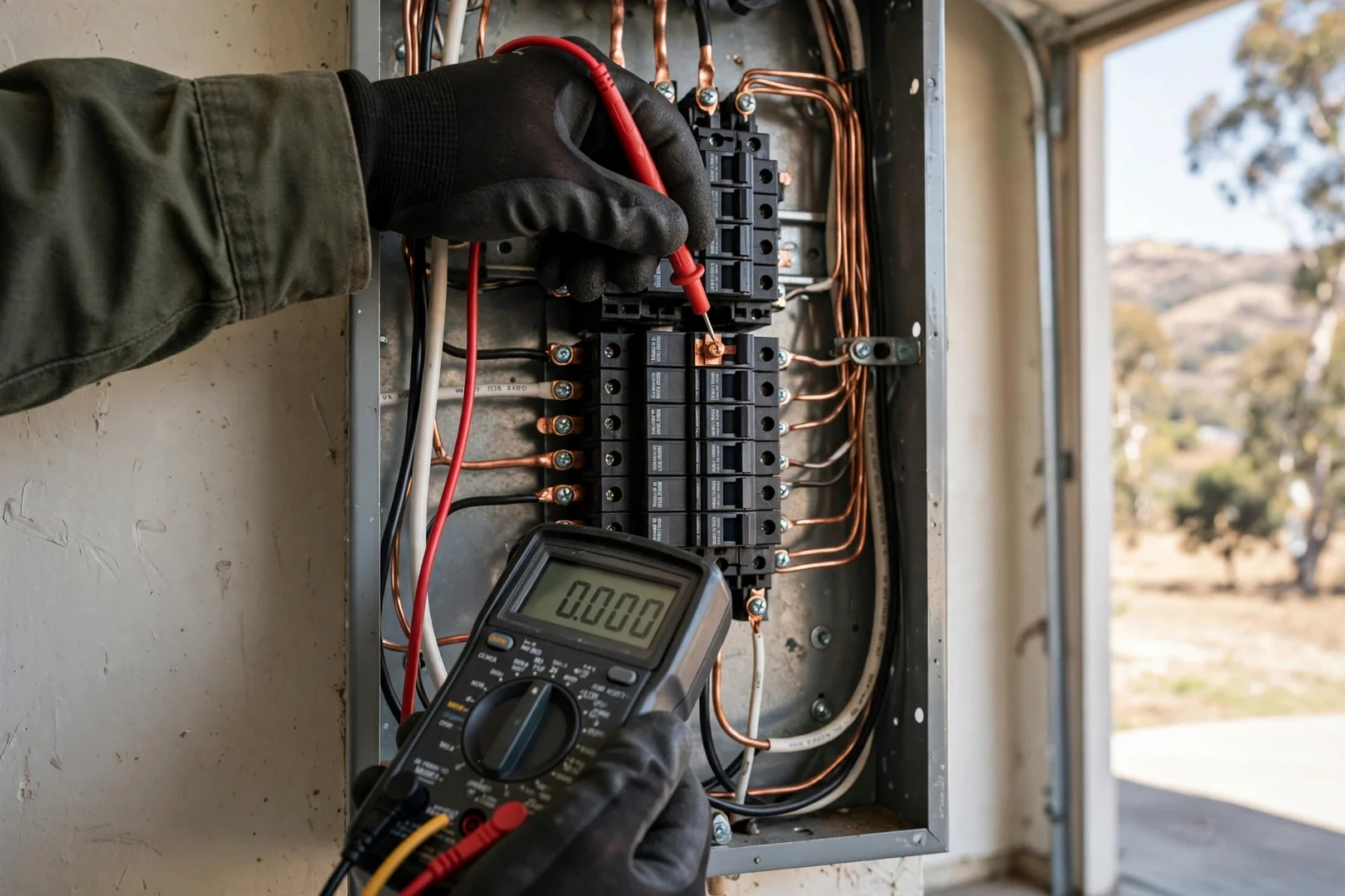 Electrician testing breakers inside an open residential electrical panel during a home inspection
