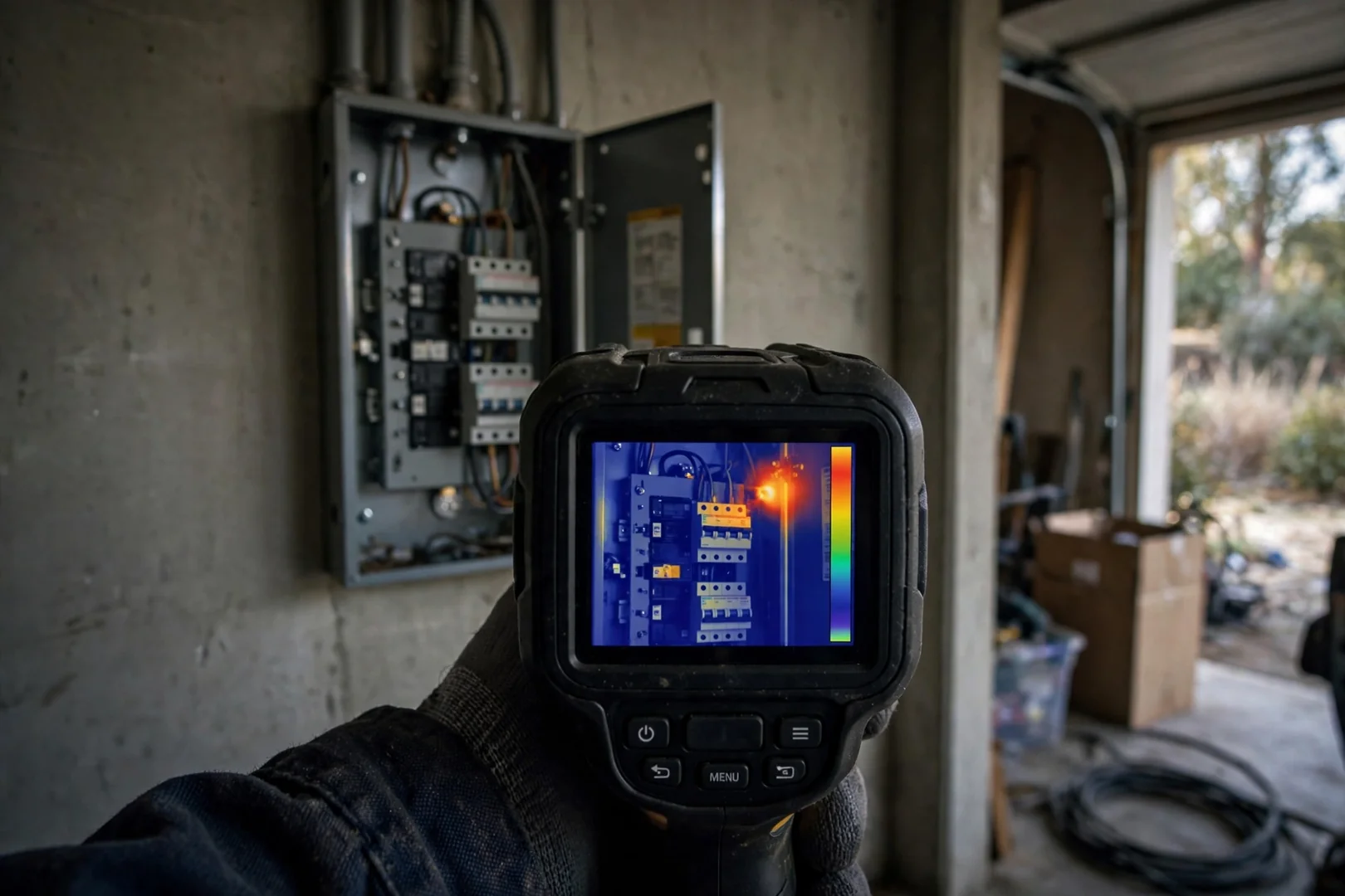 Thermal camera reading showing a warm circuit breaker connection in a San Ramon home panel