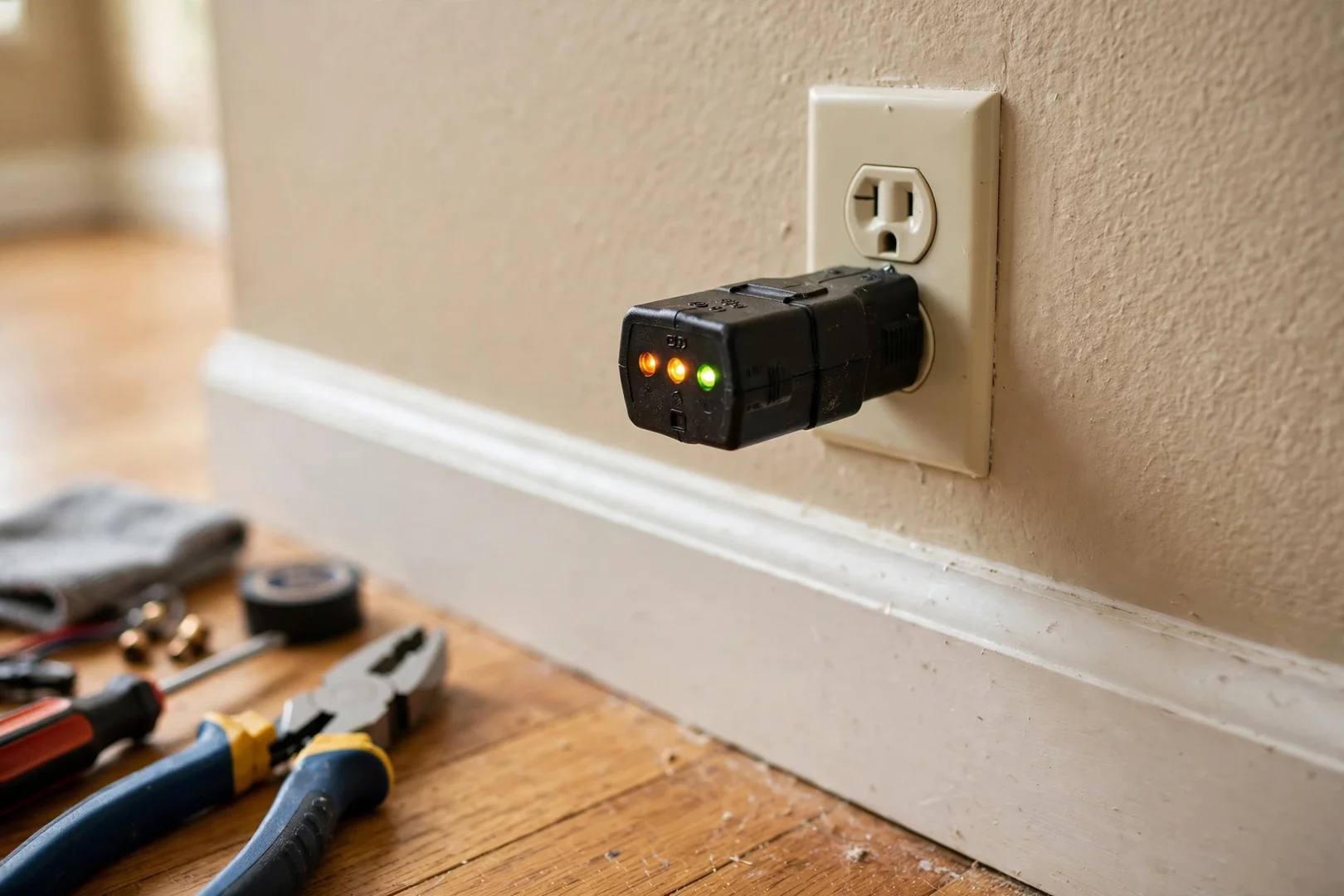 Outlet tester plugged into a wall receptacle confirming proper ground and polarity