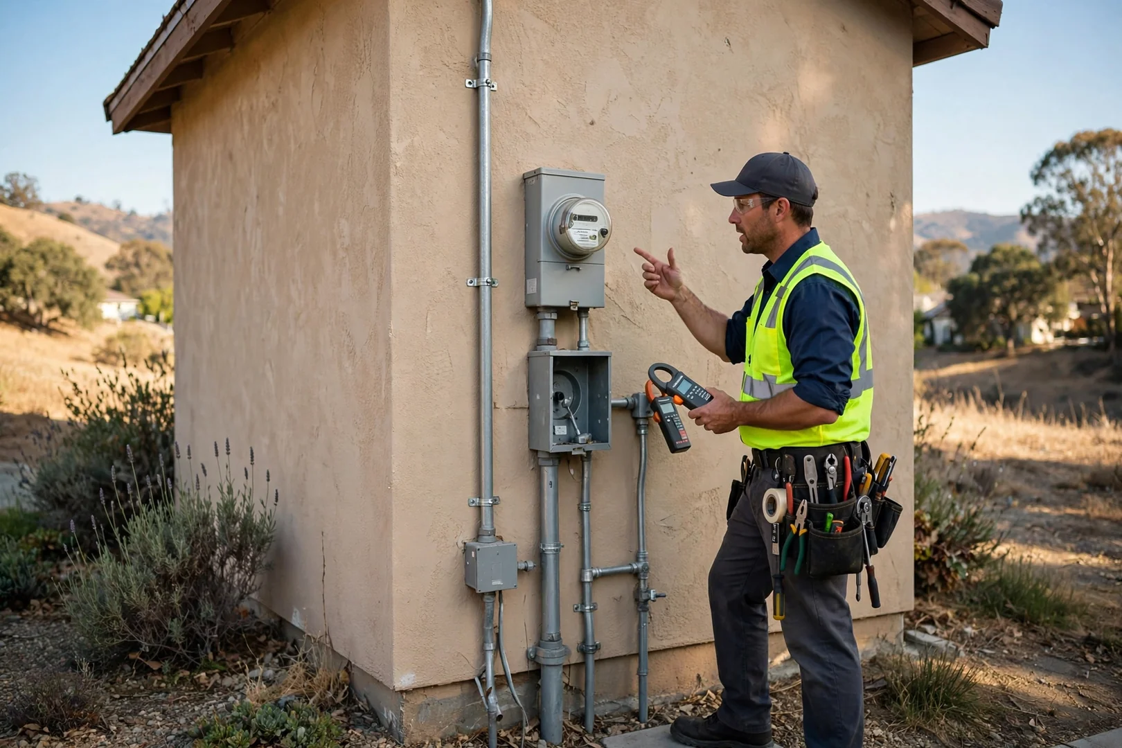 Exterior meter base and service entrance conductors reviewed during a home electrical evaluation