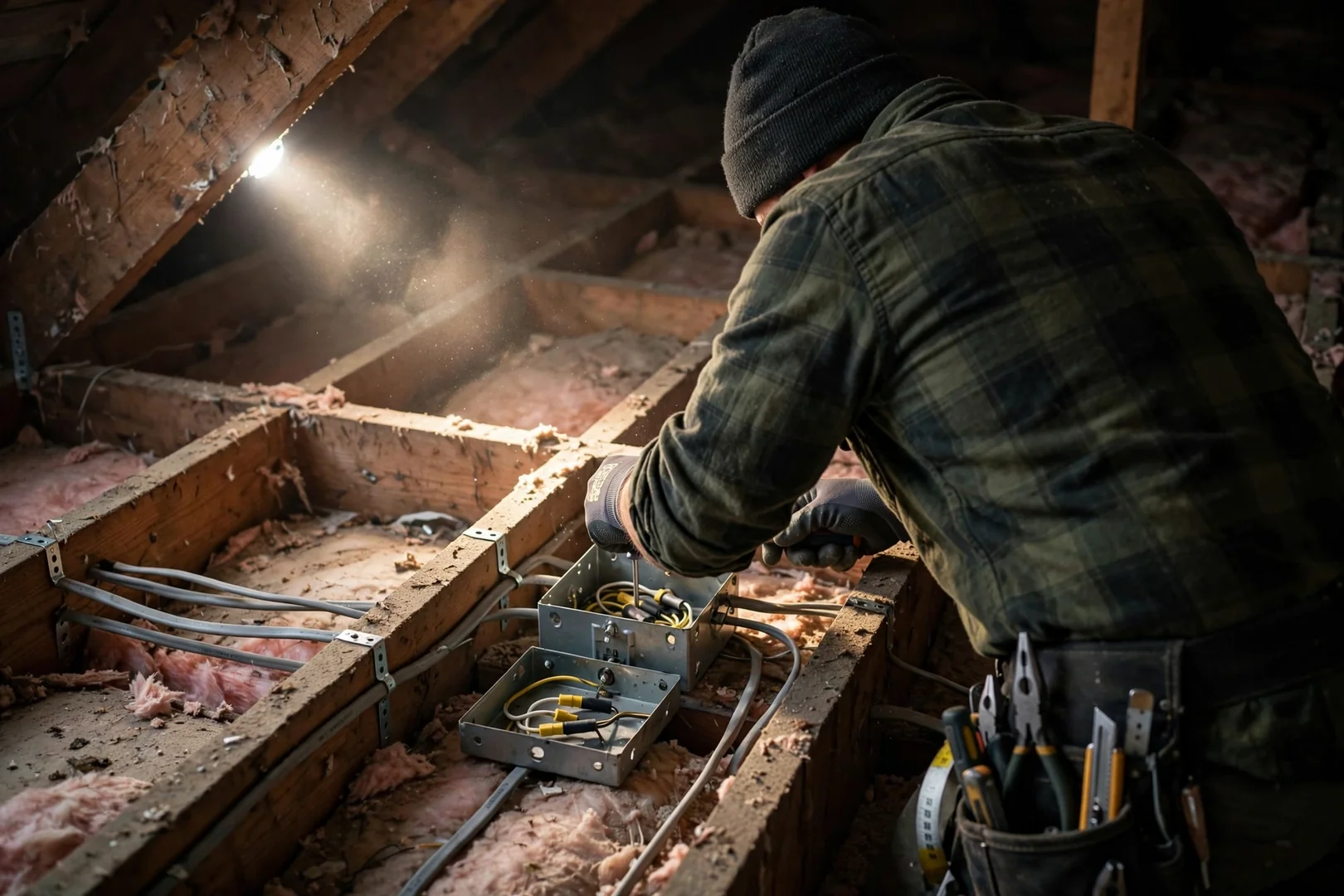 Attic junction box and wiring runs examined with a flashlight during inspection