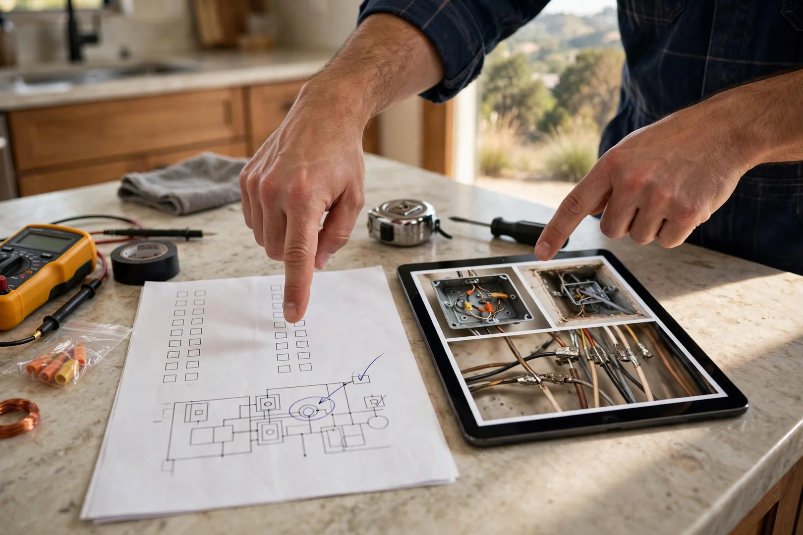 Written inspection report and findings photos reviewed on a kitchen counter with homeowner
