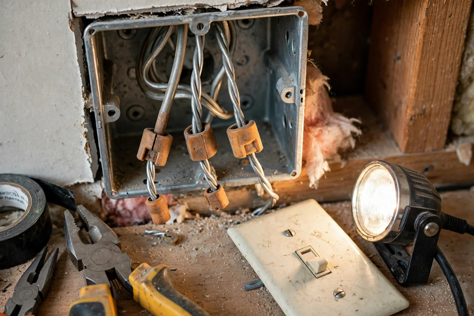 Older aluminum branch wiring connections found behind a removed switch plate