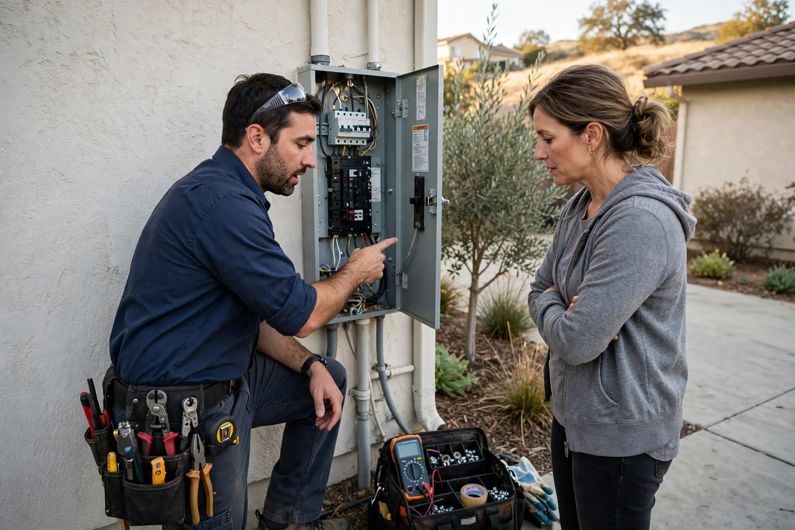 Electrician inspecting breaker panel wiring in a home