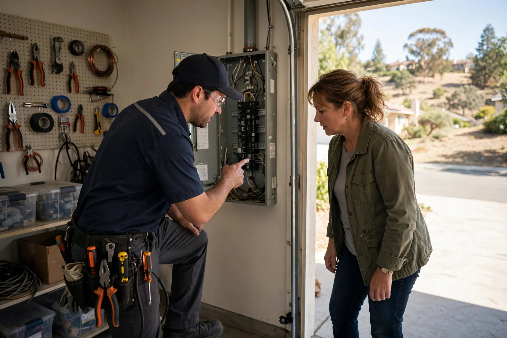 Technician reviewing panel repair estimate paperwork with a homeowner at a kitchen counter
