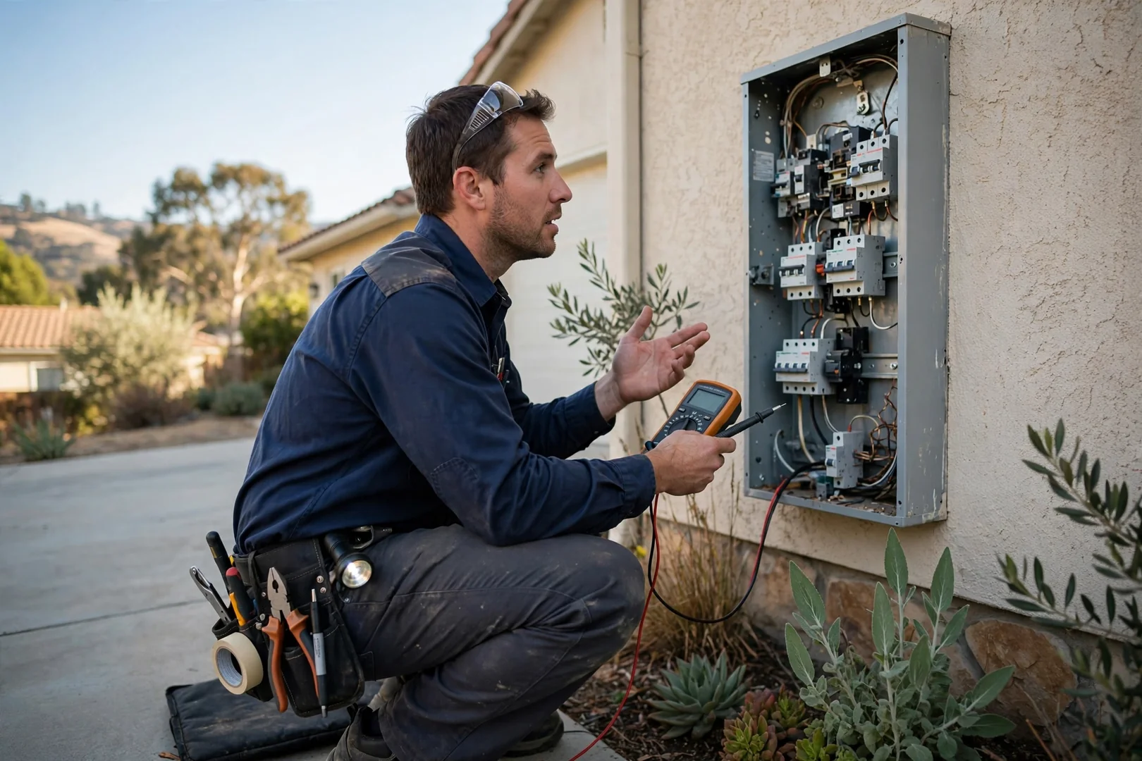 Electrician testing breaker connections inside an open residential electrical panel in San Ramon