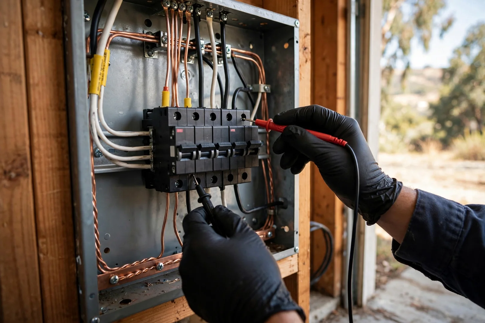Electrician testing breaker connections inside an open residential load center in San Ramon