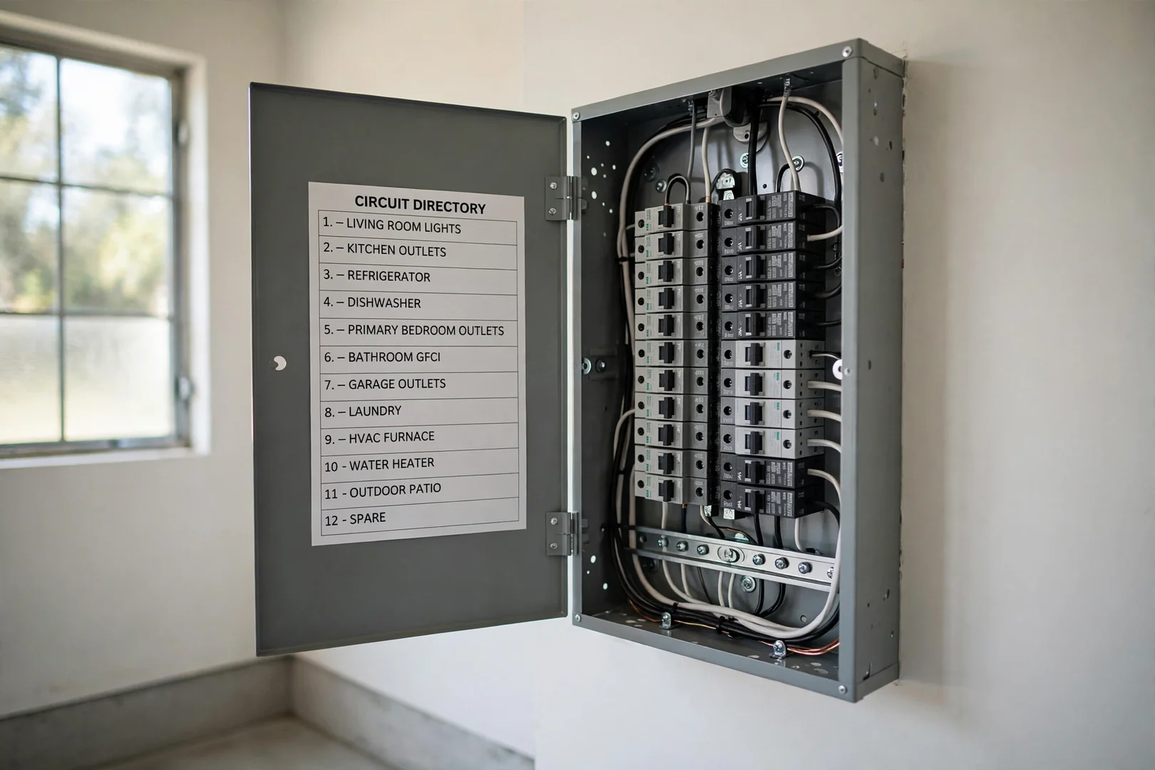 Repaired panel with newly labeled circuit directory on a suburban garage wall