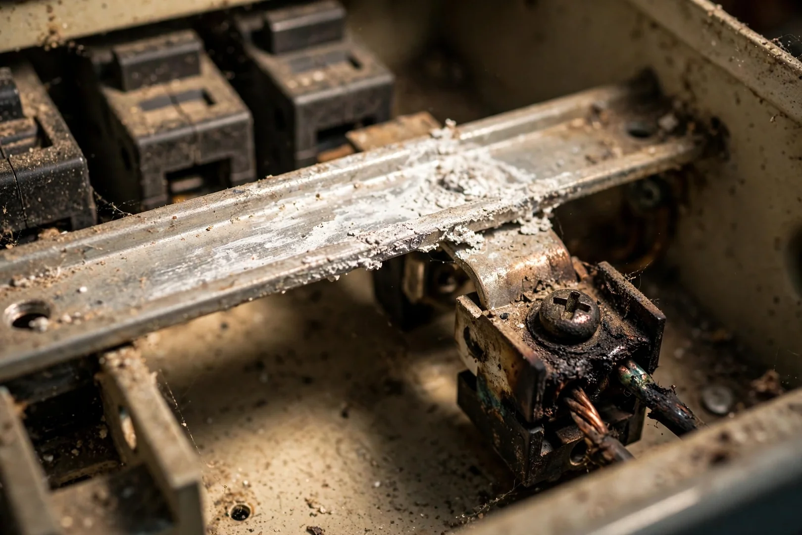 Corroded busbar and scorched breaker terminal found during a panel inspection