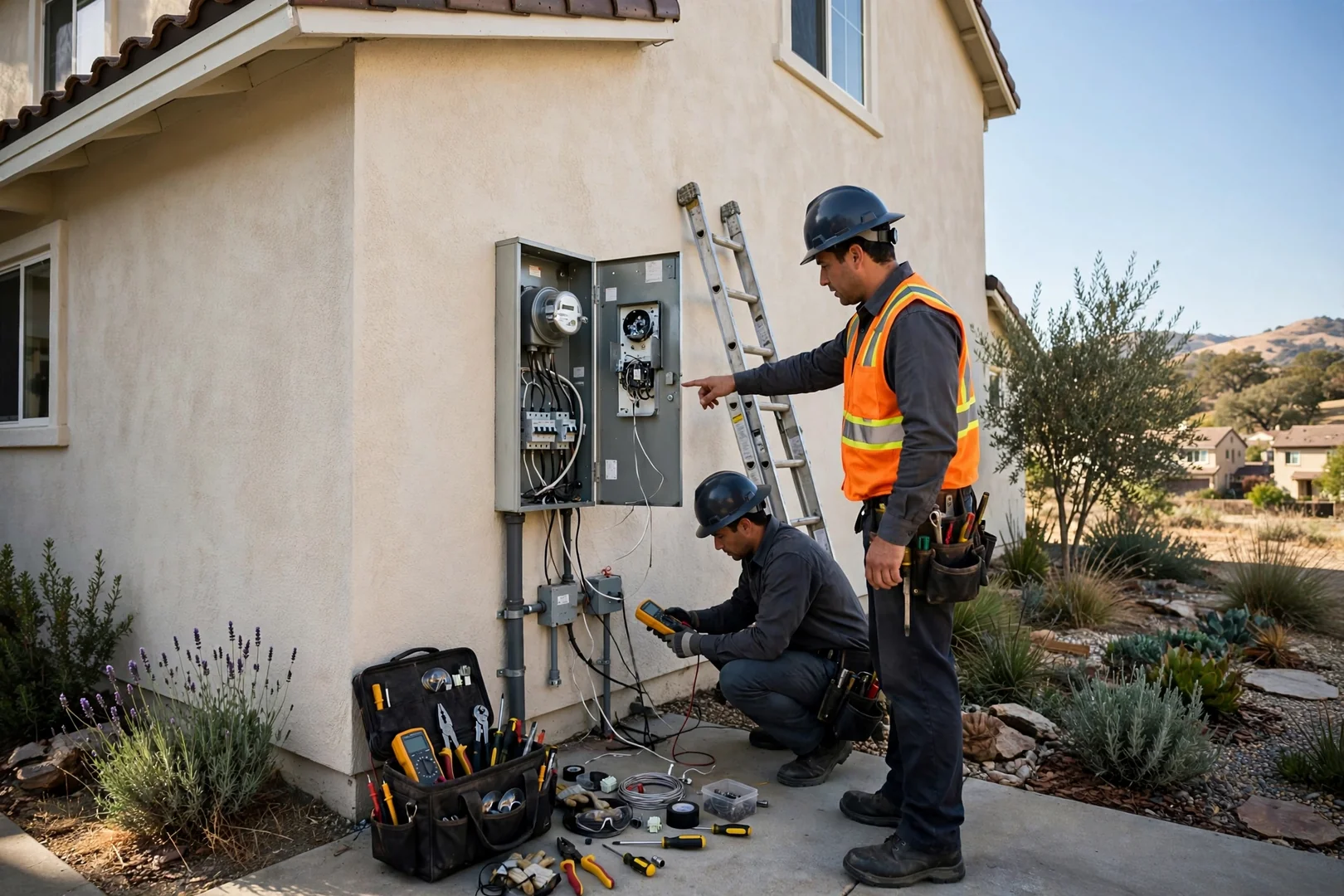 Exterior meter main panel repair on a two-story San Ramon home during daylight