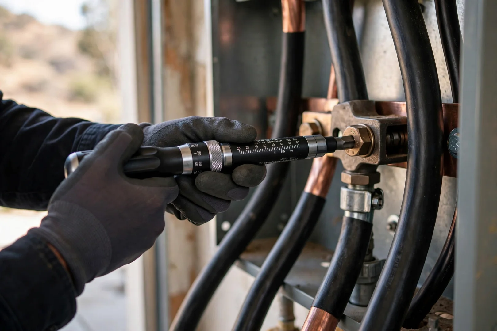 Torque screwdriver tightening feeder lugs during an electrical panel repair