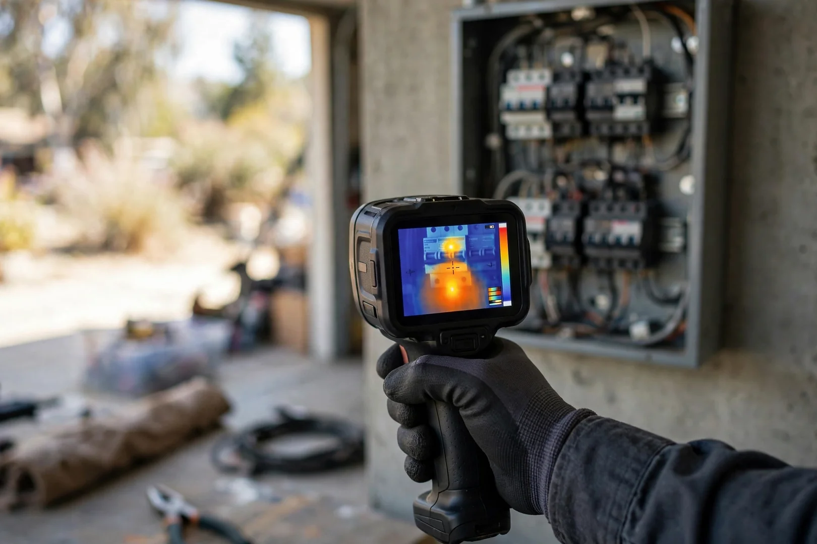Thermal imaging camera screen showing a hot spot on a residential panel breaker