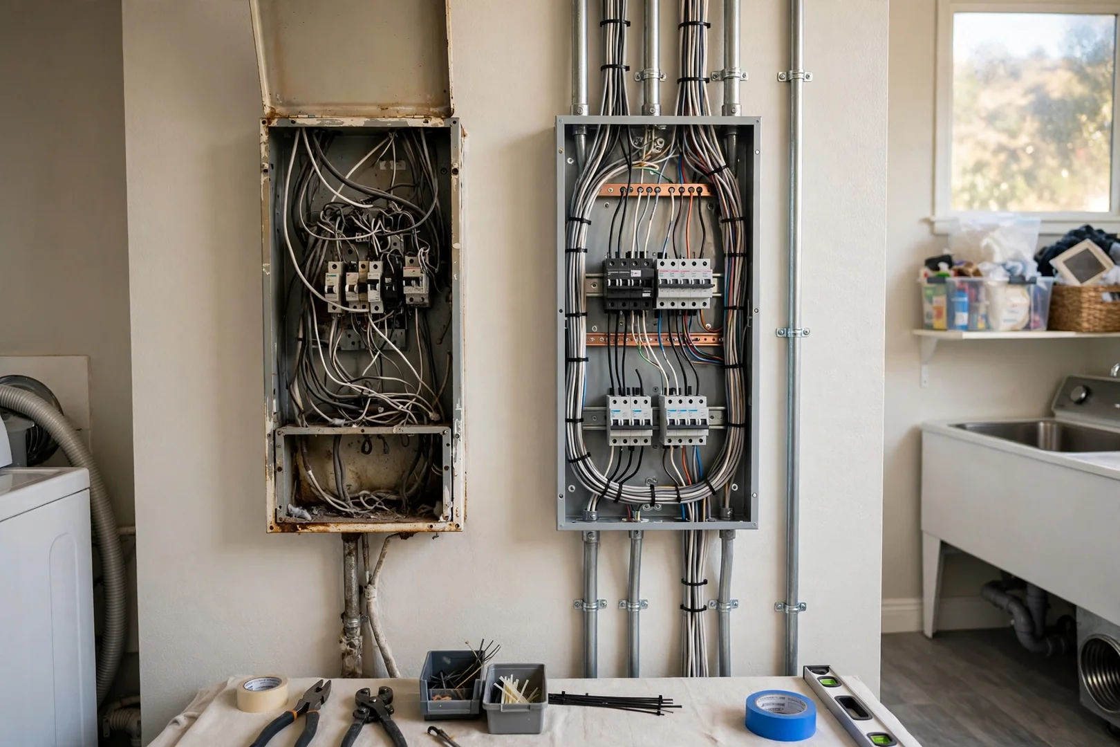 Older undersized load center replaced with a properly sized panel and organized wiring