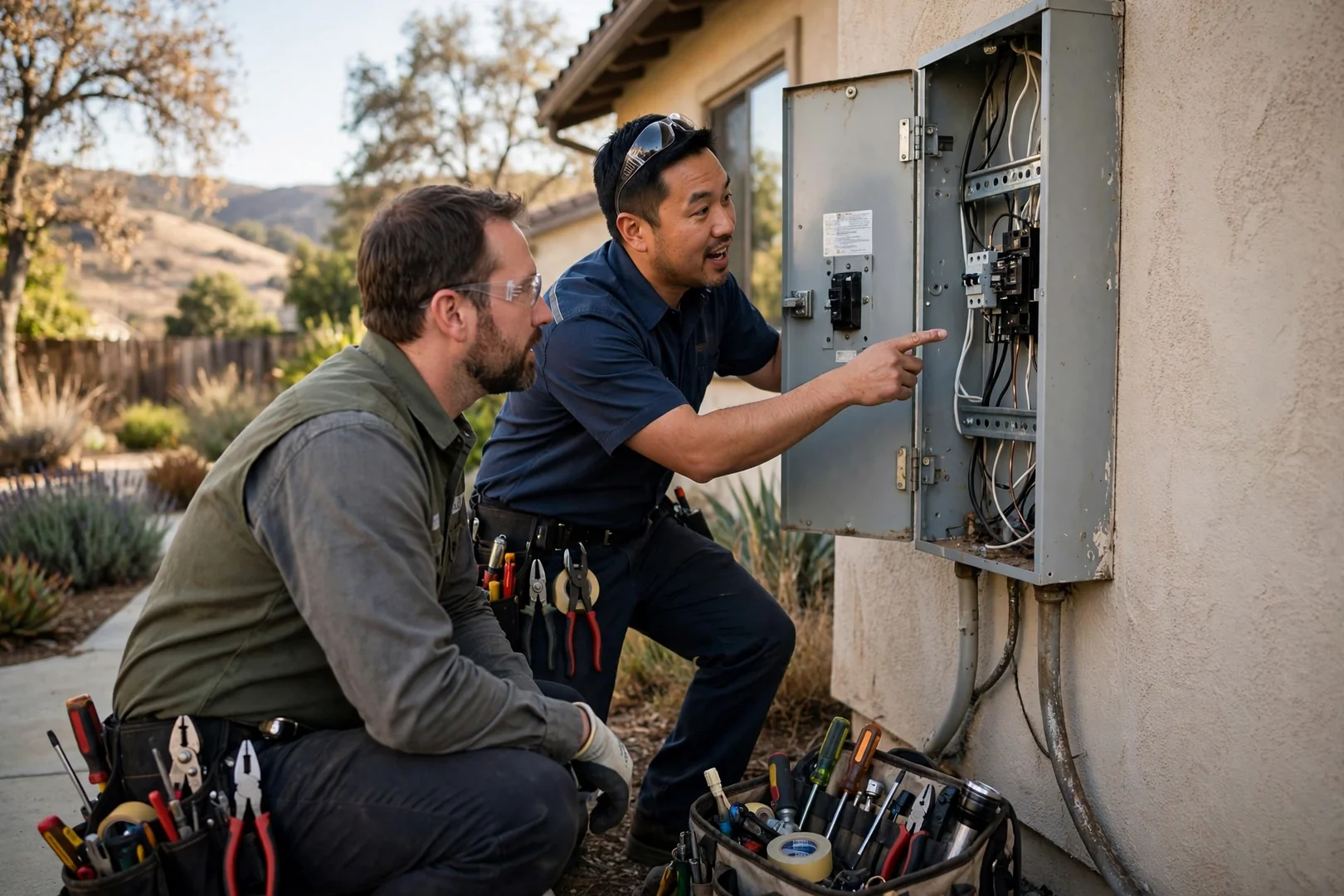 Open service panel with newly replaced breakers
