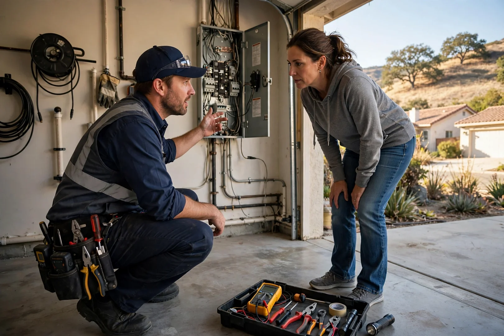 Electrician labeling breaker circuits inside a newly installed residential service panel
