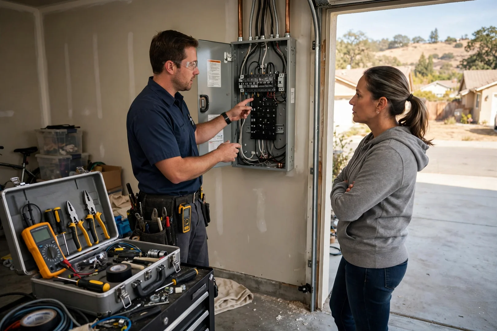 Newly installed 200-amp electrical panel with labeled breakers mounted on a San Ramon garage wall