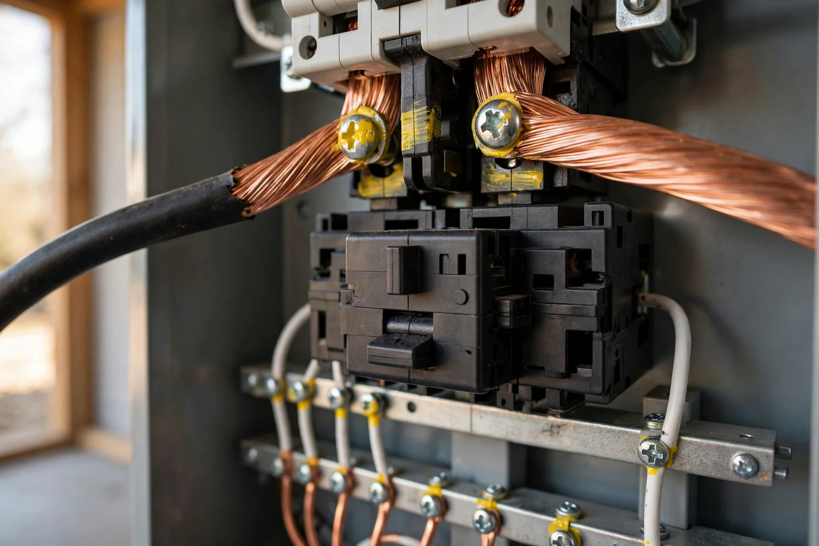 Close-up of copper service conductors terminated at main breaker lugs during a panel upgrade