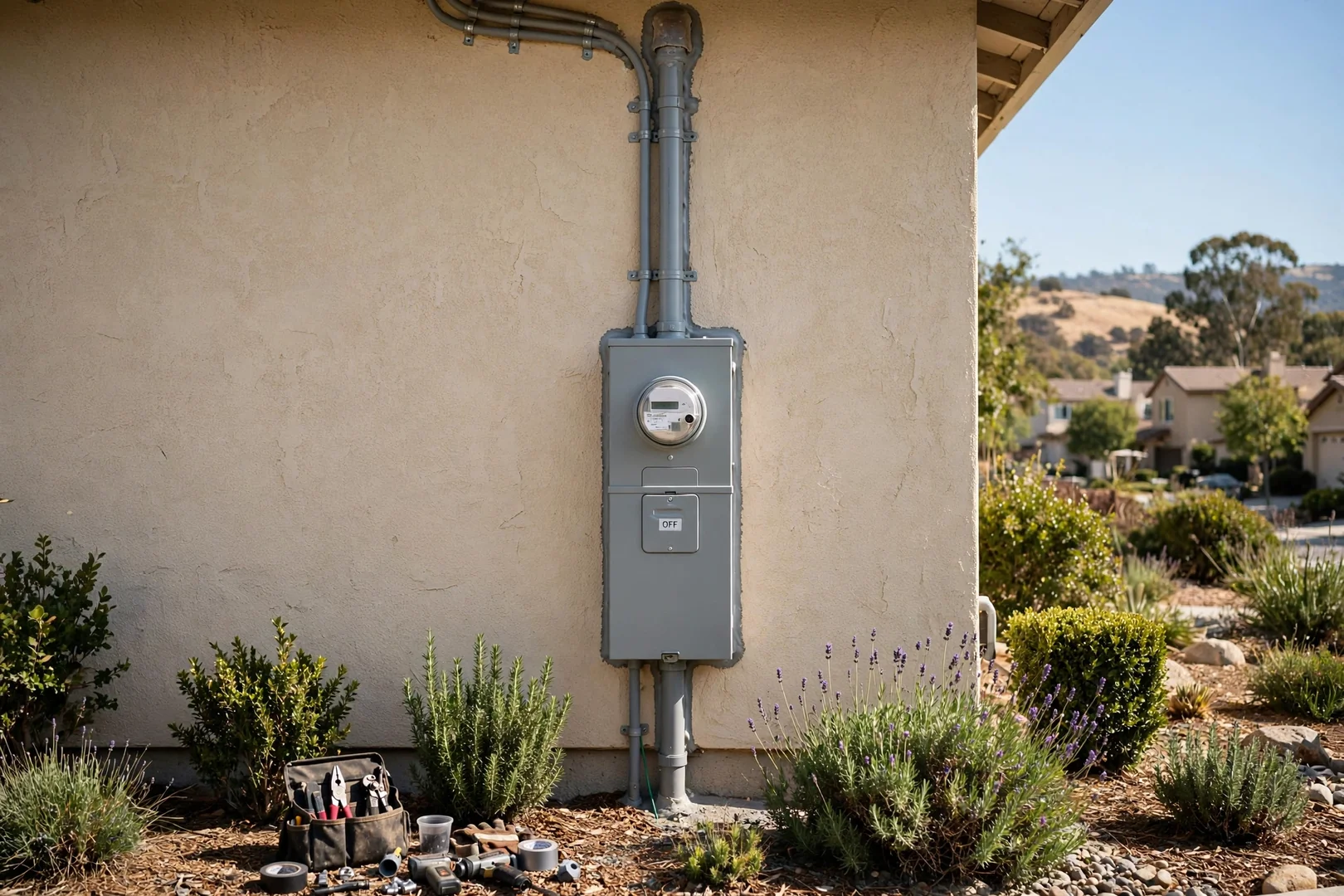 Exterior meter main and new service disconnect installed on a stucco wall in San Ramon