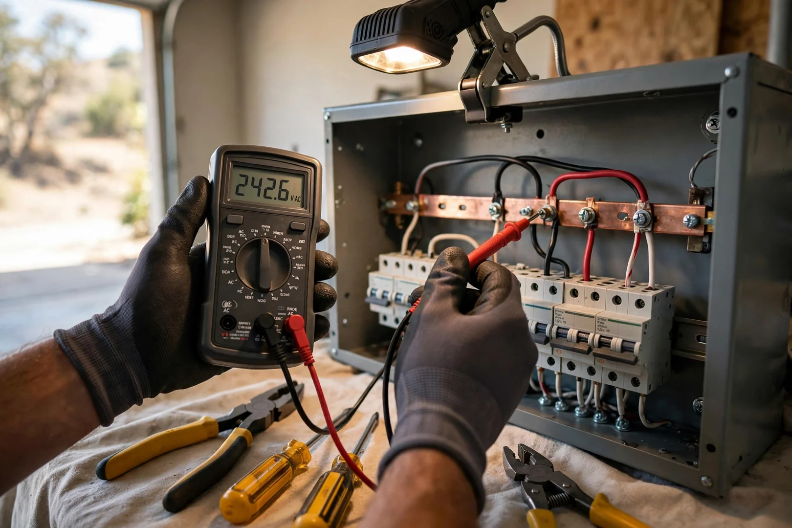 Electrician testing circuit voltage with a multimeter during a residential panel upgrade