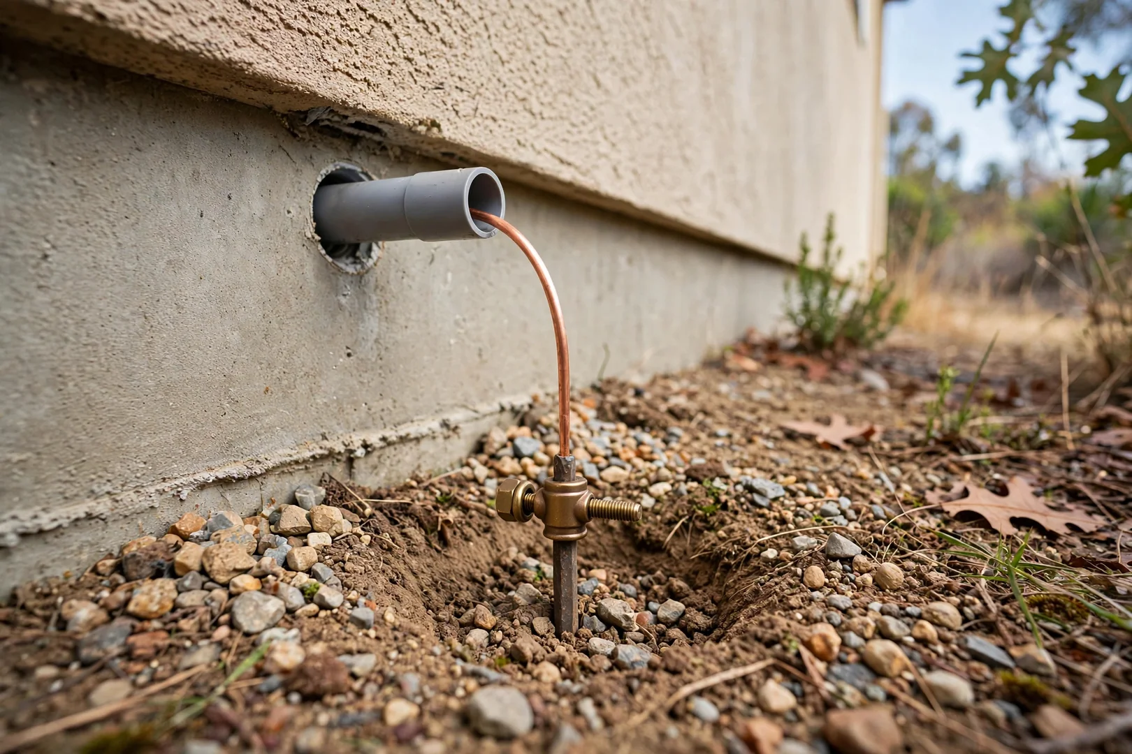 New grounding electrode conductor and ground rod connection completed beside a home foundation