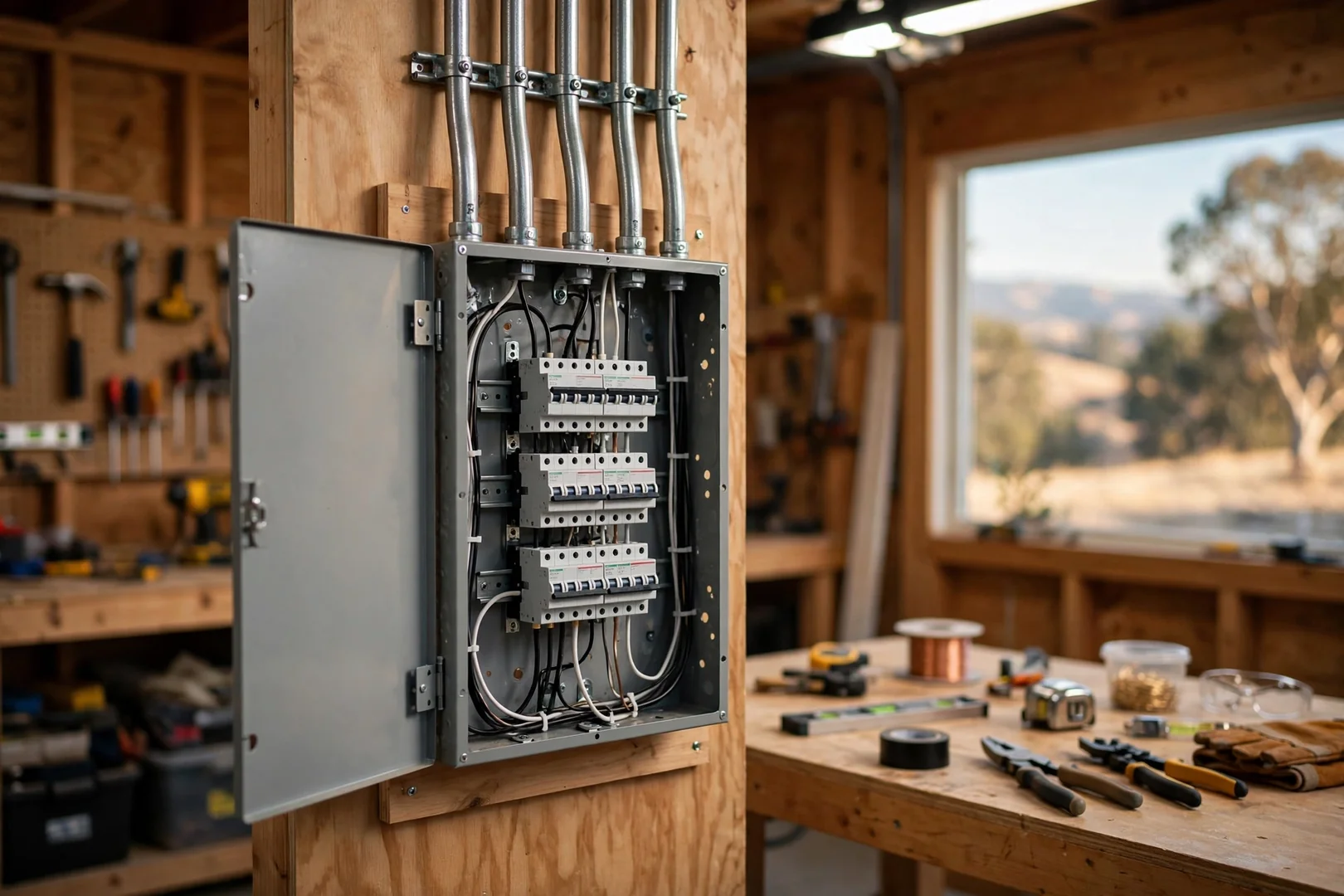 Finished subpanel feeding a converted workshop with organized conduit runs overhead