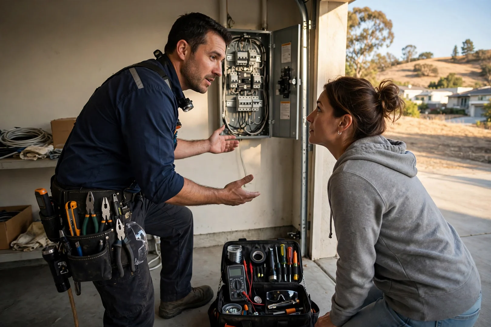 Electrician reviewing a written repair estimate with a homeowner beside an open electrical panel