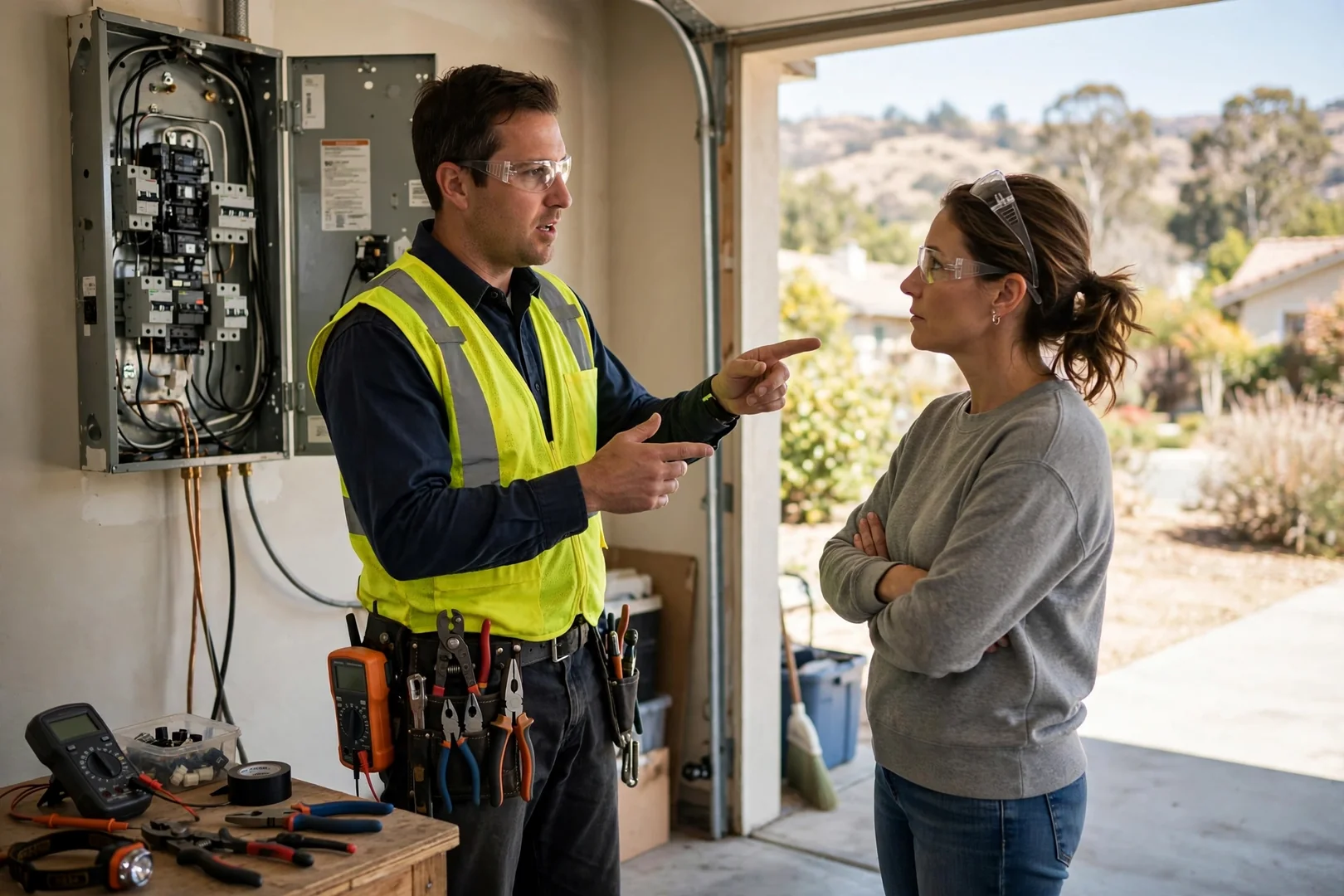 Electrician testing a branch circuit inside a San Ramon home electrical panel