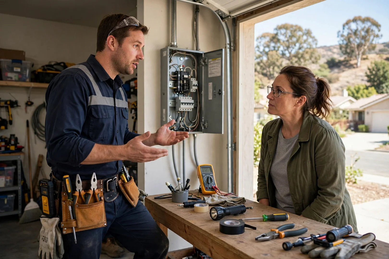 Electrician testing a residential circuit with a multimeter during a repair visit in San Ramon