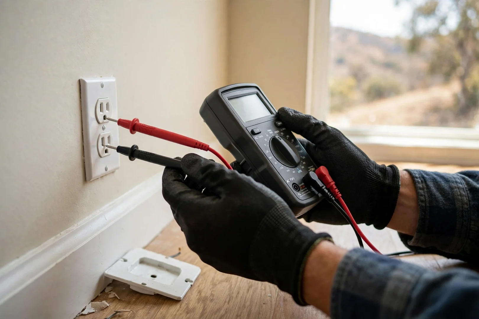 Electrician testing a wall receptacle with a multimeter during a home electrical repair