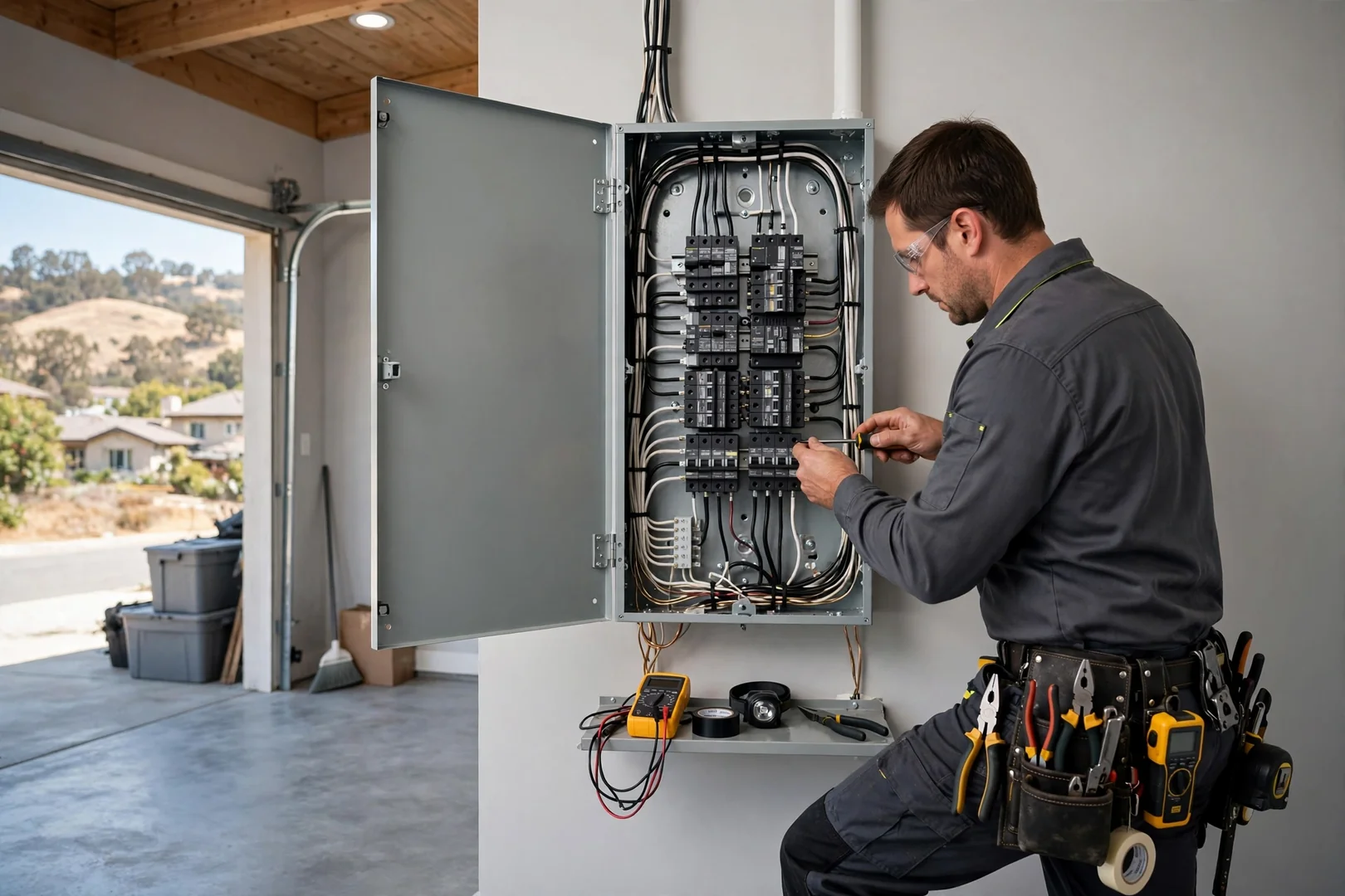 Repaired circuit breaker panel with neatly organized branch circuit wiring inside a garage