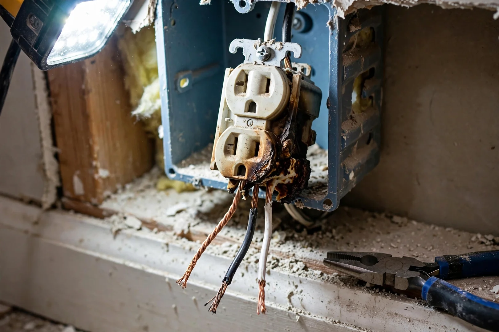 Scorched outlet removed from wall box showing heat damage before replacement work began
