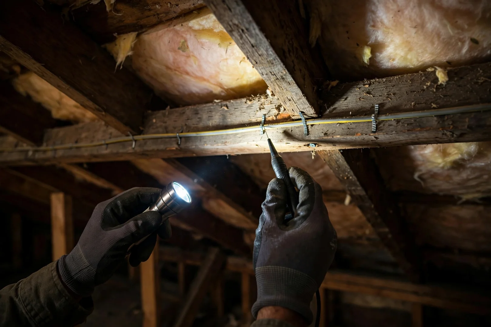Technician tracing a shorted branch circuit in an attic crawl space with hand tools