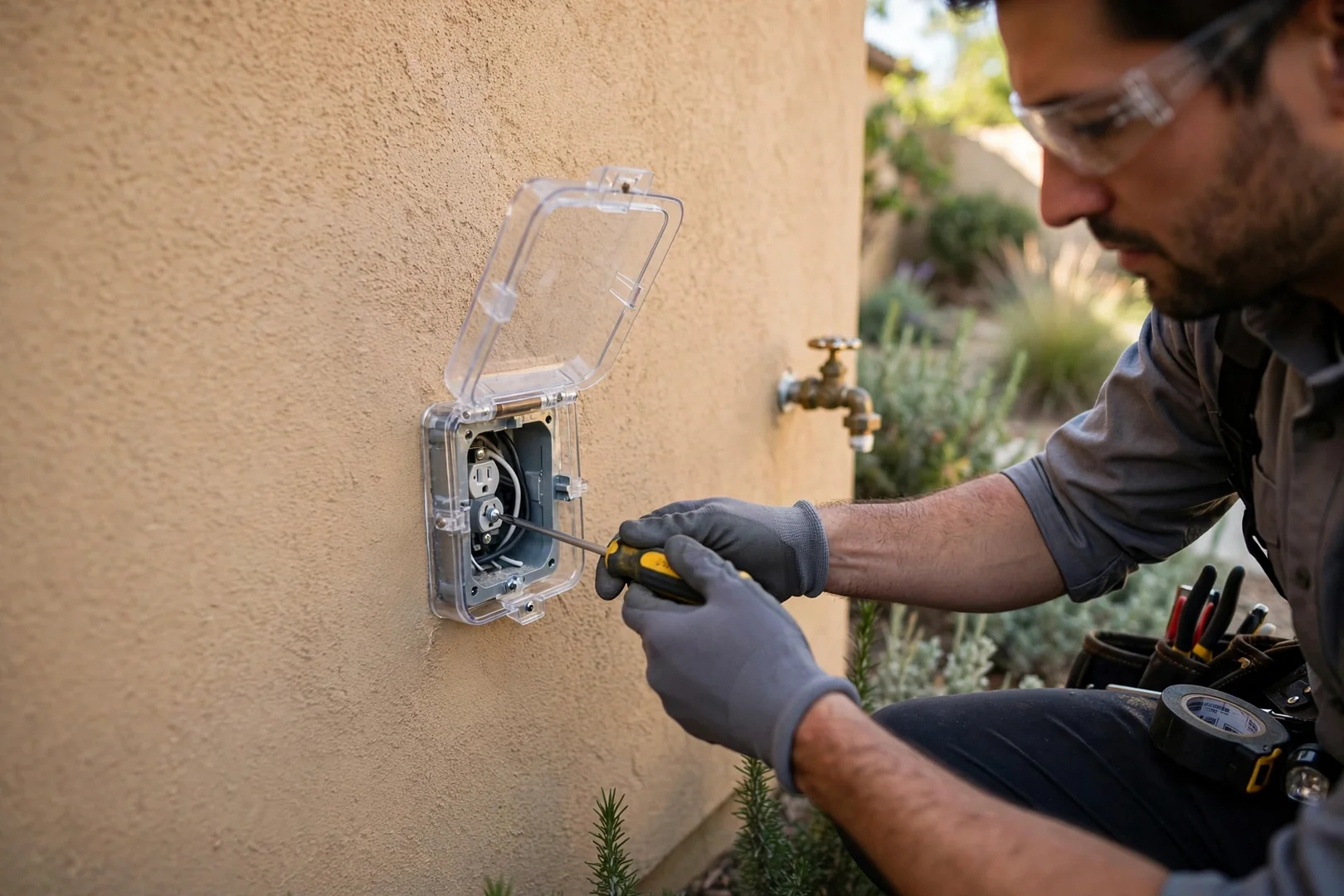 Finished exterior GFCI receptacle repair with weatherproof cover on a stucco house wall