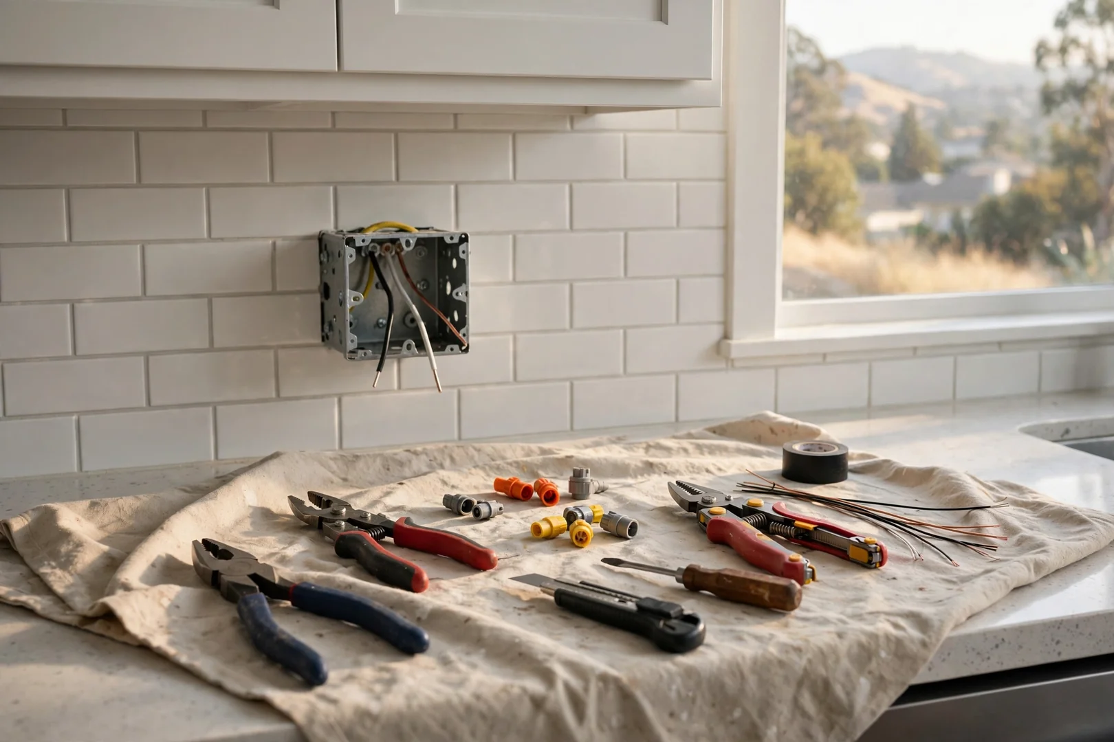 Kitchen countertop circuit repair with tools laid out on protective work surface
