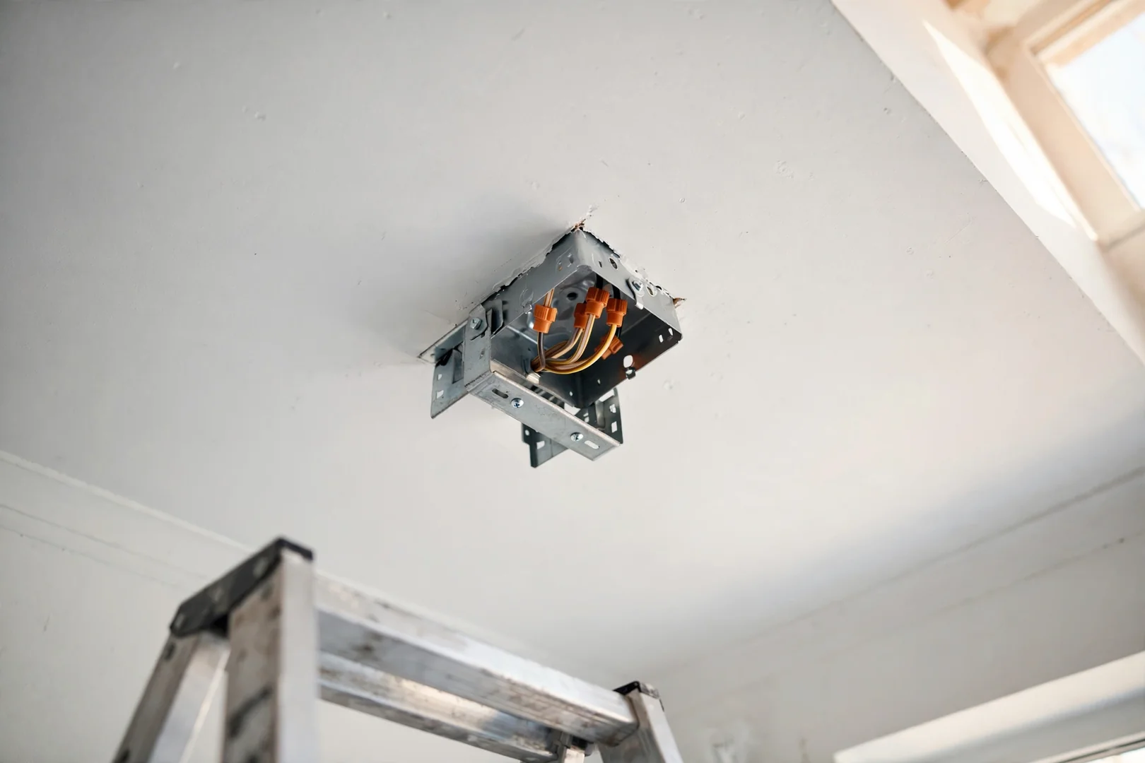 Completed ceiling junction box repair with capped conductors before fixture reinstallation
